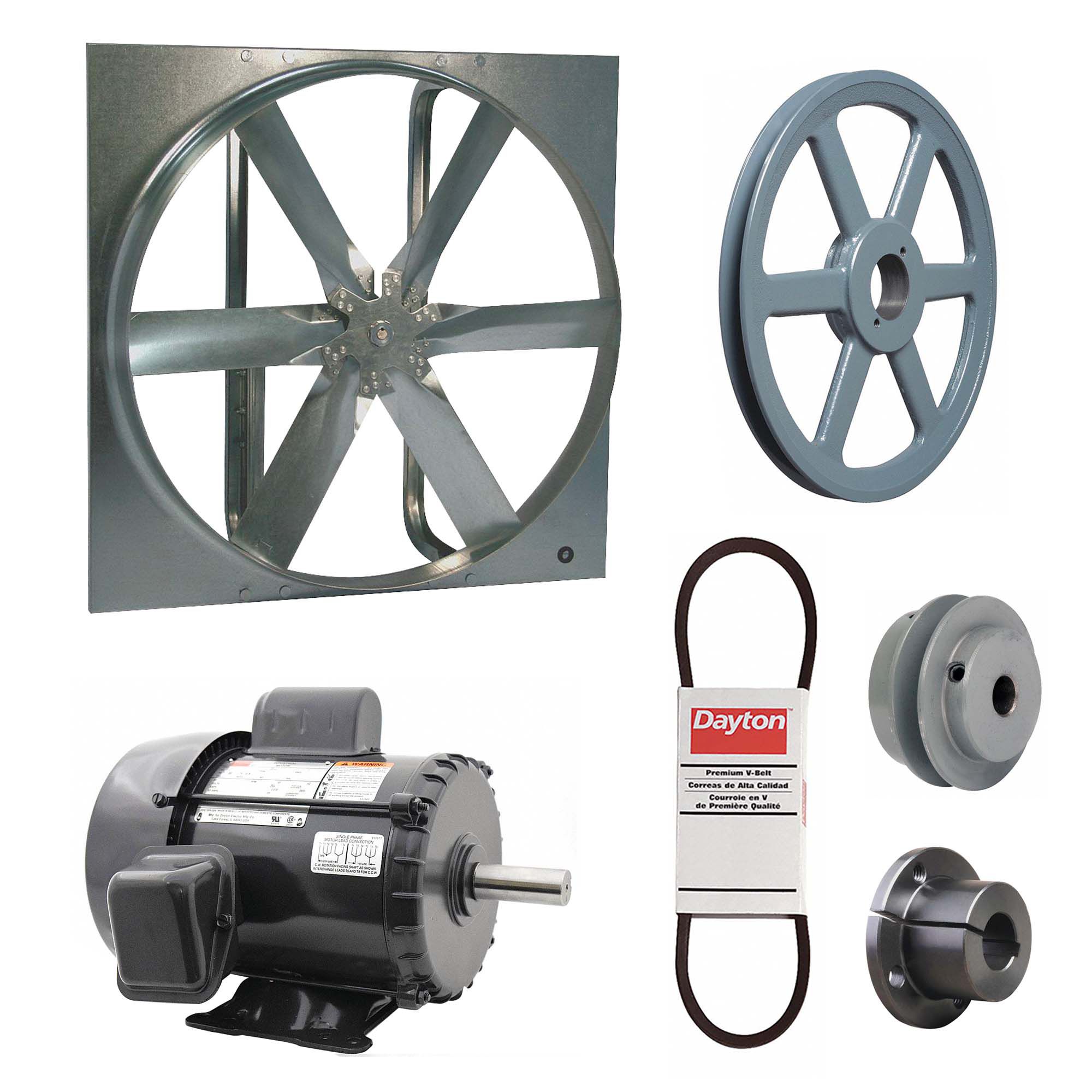 Exhaust Fan with Drive Package: Belt Drive, 48 in Blade, 2 hp, 27, 474 cfm, 115/230V AC, 1 ph