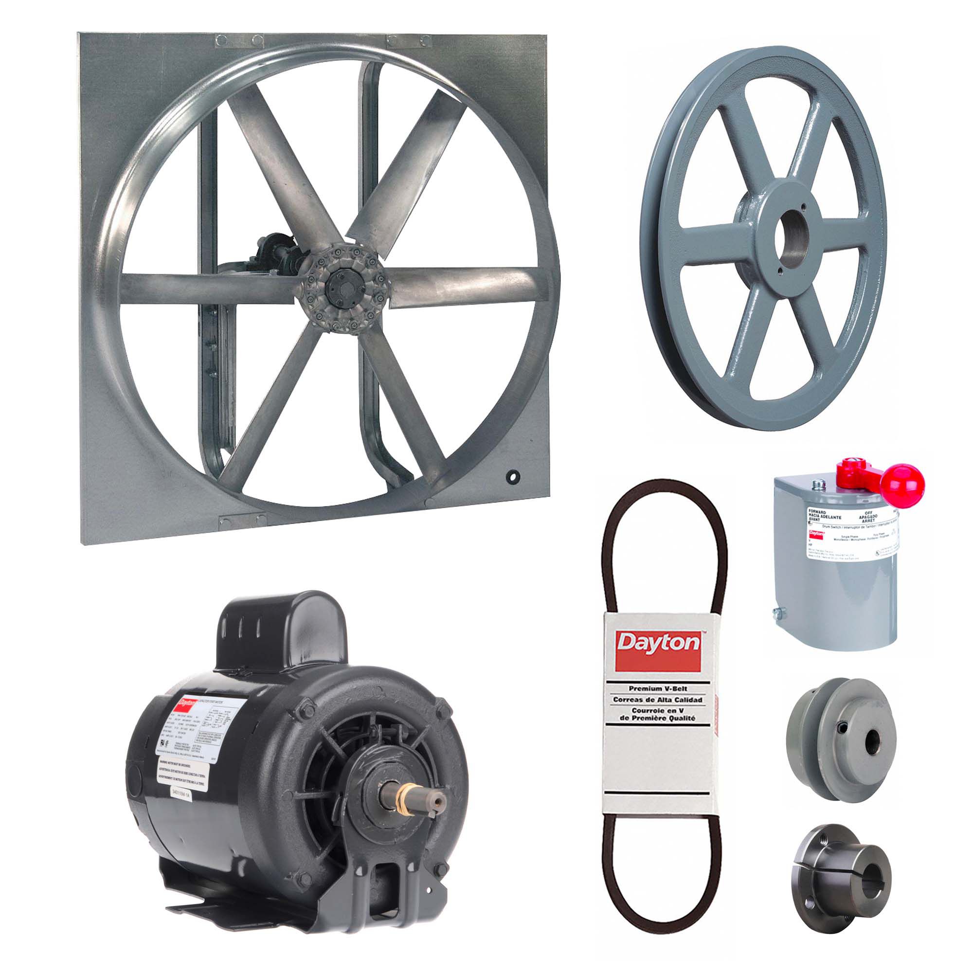 Exhaust/Supply Fan: Belt Drive, 36 in Blade, 3/4 hp, Open Dripproof, 115/230V AC, 1 ph, Unassembled