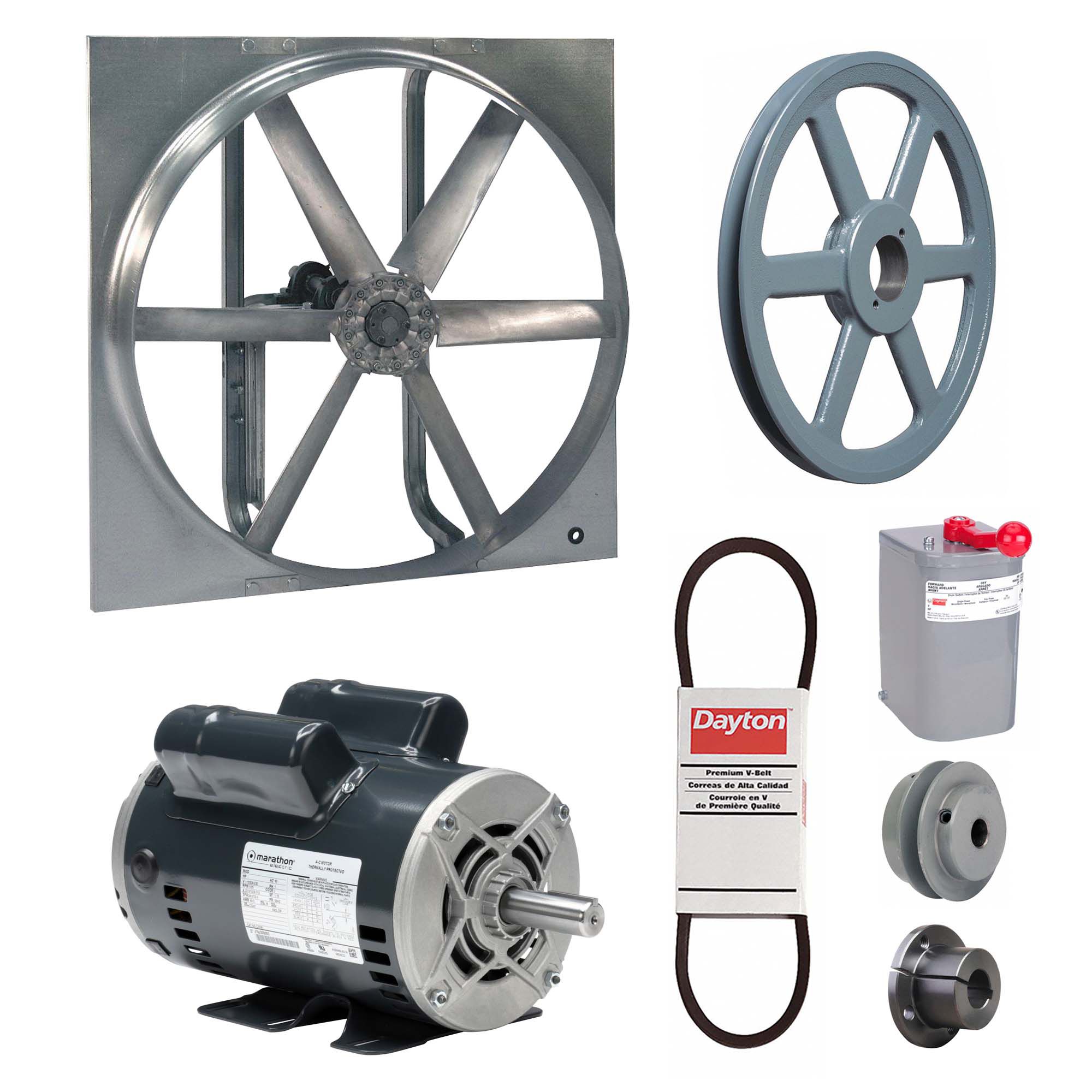 Exhaust/Supply Fan: Belt Drive, 36 in Blade, 2 hp, Open Dripproof, 115/208-230V AC, 1 ph