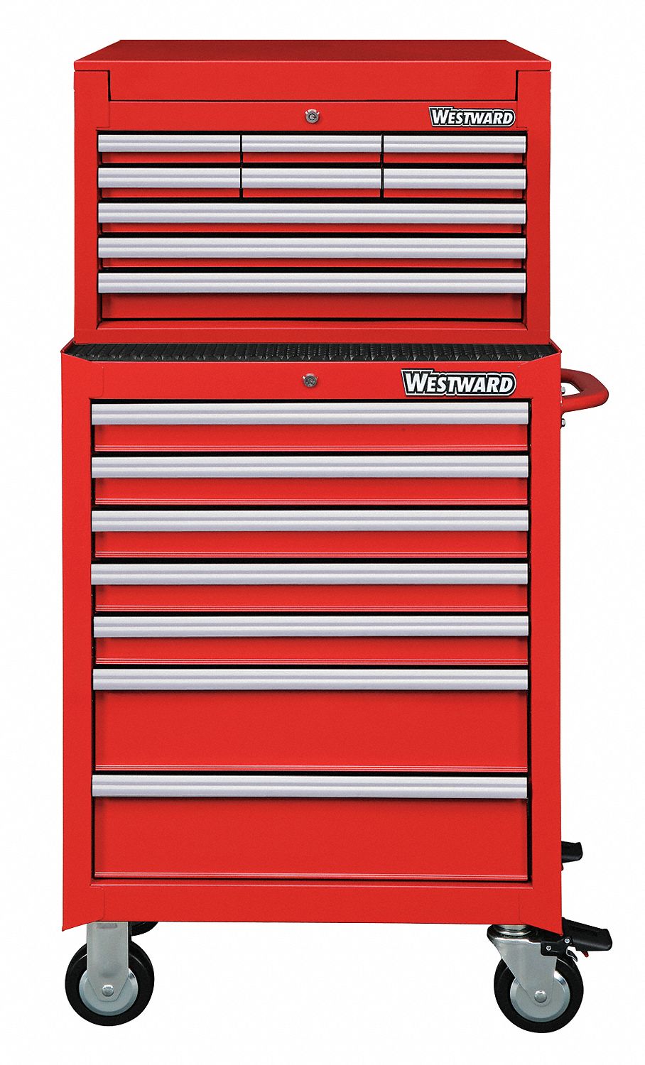 Tool Chest and Cabinet Combination: 16 Drawers, Light Duty, Keyed, Red / Powder Coated