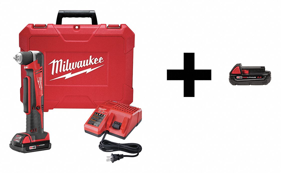 MILWAUKEE Right Angle Drill with add Battery, 18V 7DH47261521CT