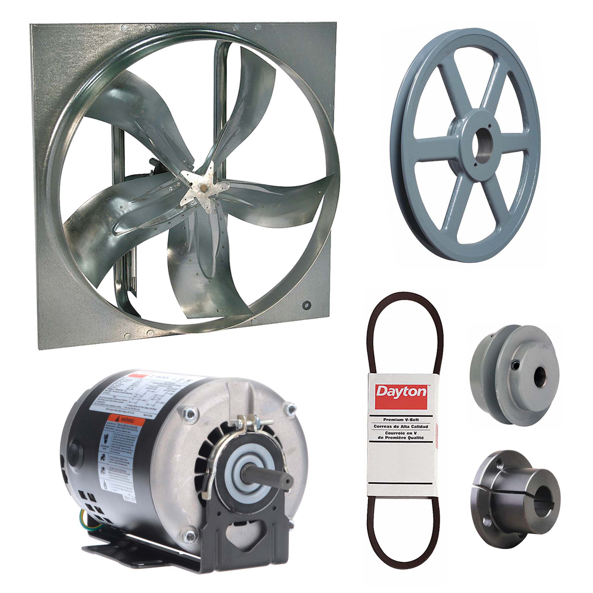 Exhaust Fan with Drive Package: Belt Drive, 24 in Blade, 1/3 hp, 6, 039 cfm, 115/208-230V AC, 1 ph