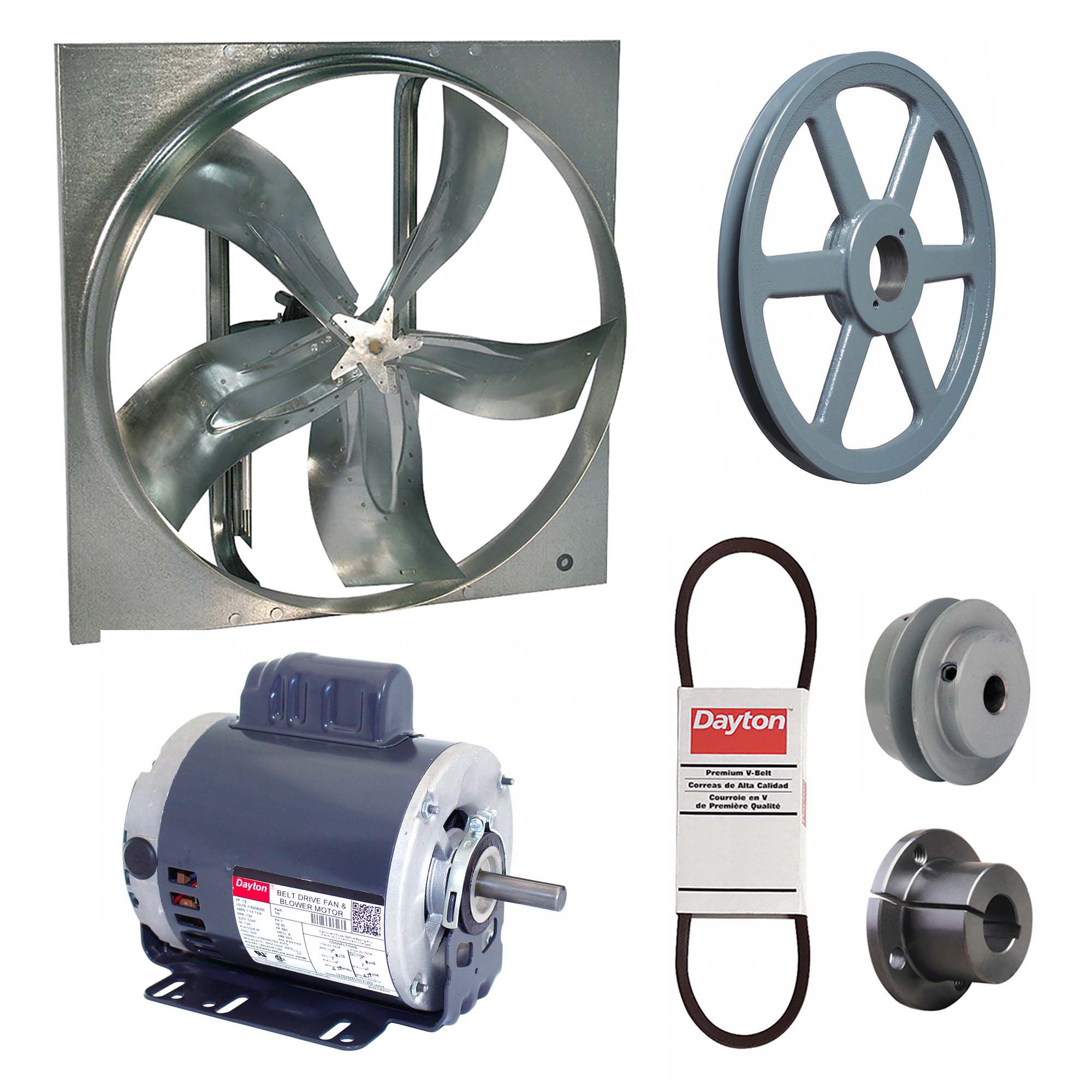 Exhaust Fan with Drive Package: Belt Drive, 24 in Blade, 1/2 hp, 6, 950 cfm, 115/208-230V AC, 1 ph