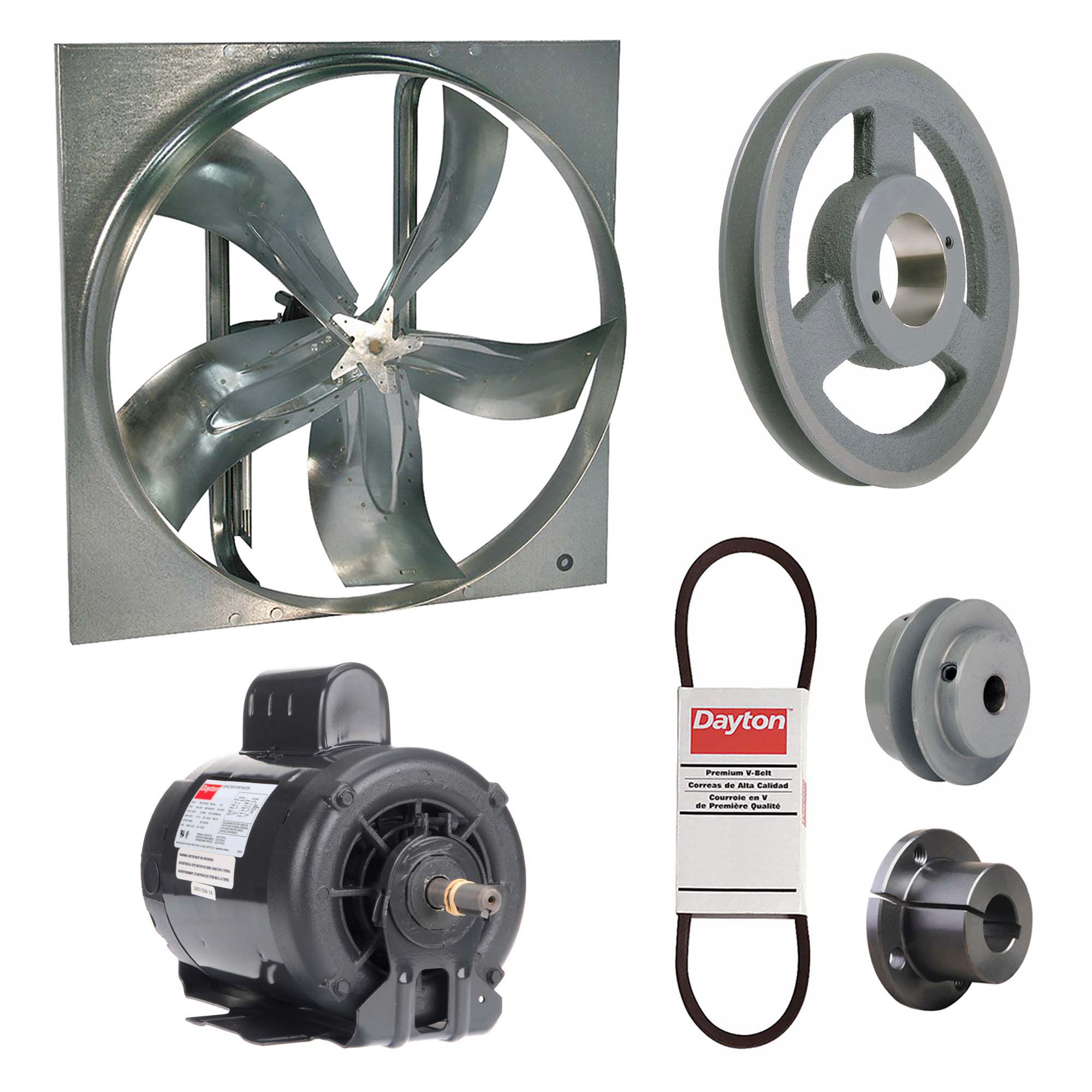 Exhaust Fan with Drive Package: Belt Drive, 24 in Blade, 3/4 hp, 7, 927 cfm, 115/230V AC, 1 ph
