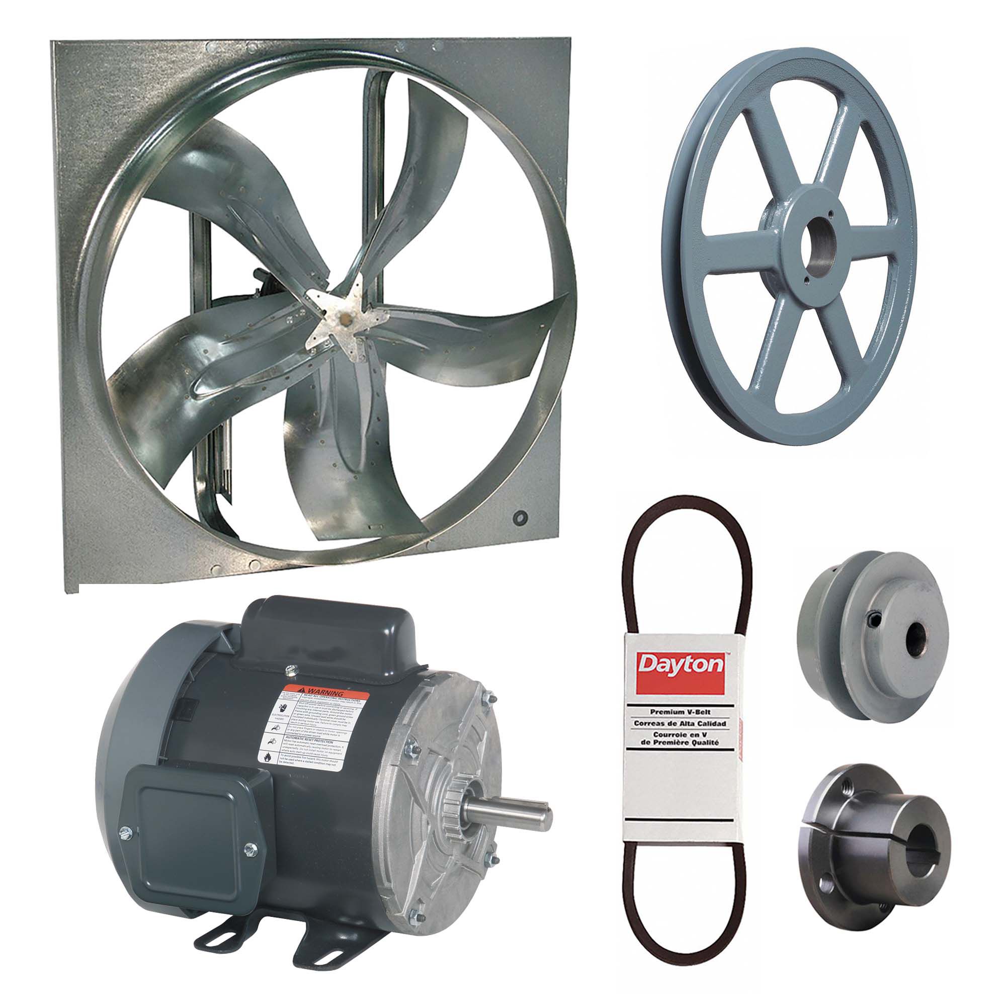 Exhaust Fan with Drive Package: Belt Drive, 24 in Blade, 1/3 hp, 6, 039 cfm, 115/208-230V AC, 1 ph