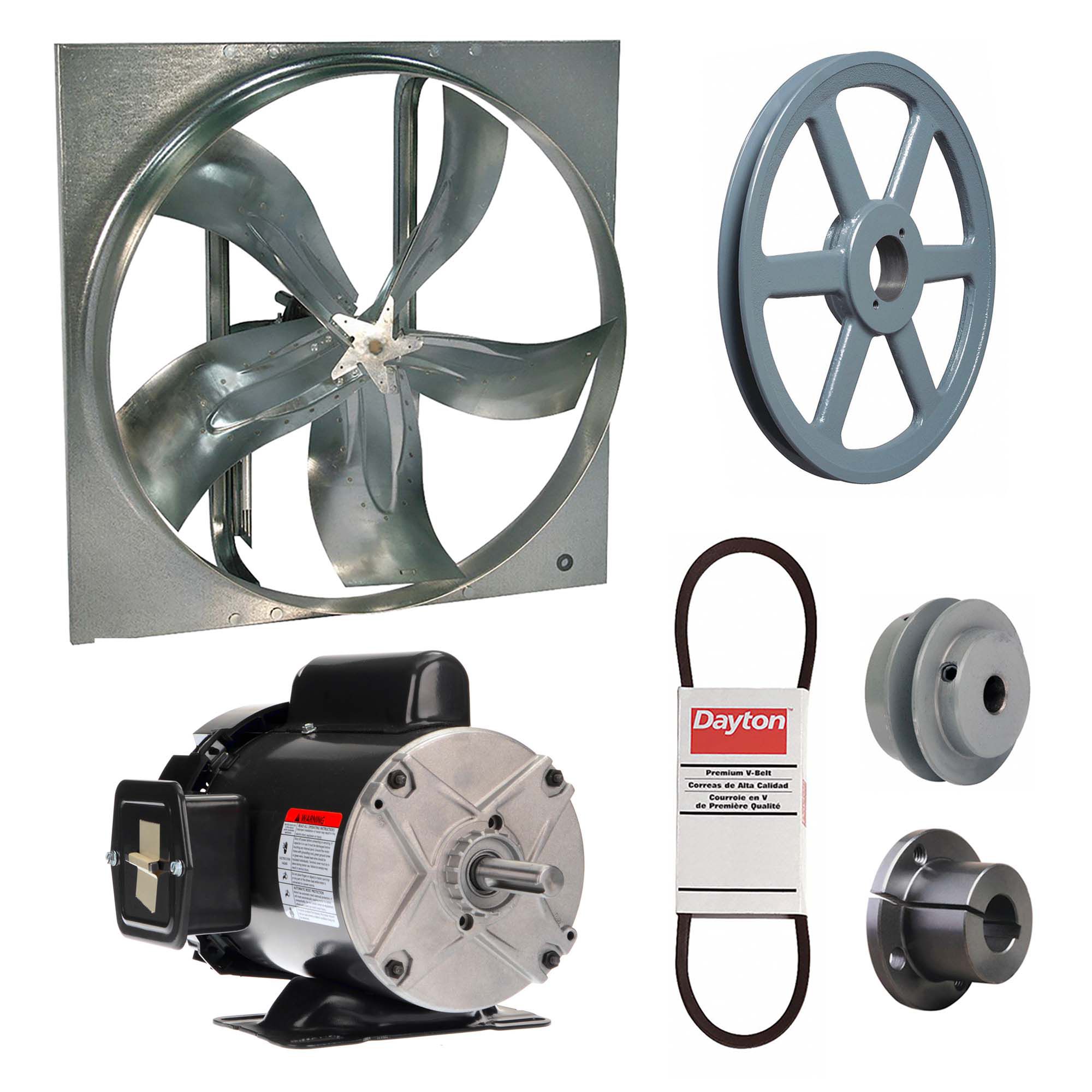Exhaust Fan with Drive Package: Belt Drive, 24 in Blade, 1/2 hp, 6, 950 cfm, 115/208-230V AC, 1 ph