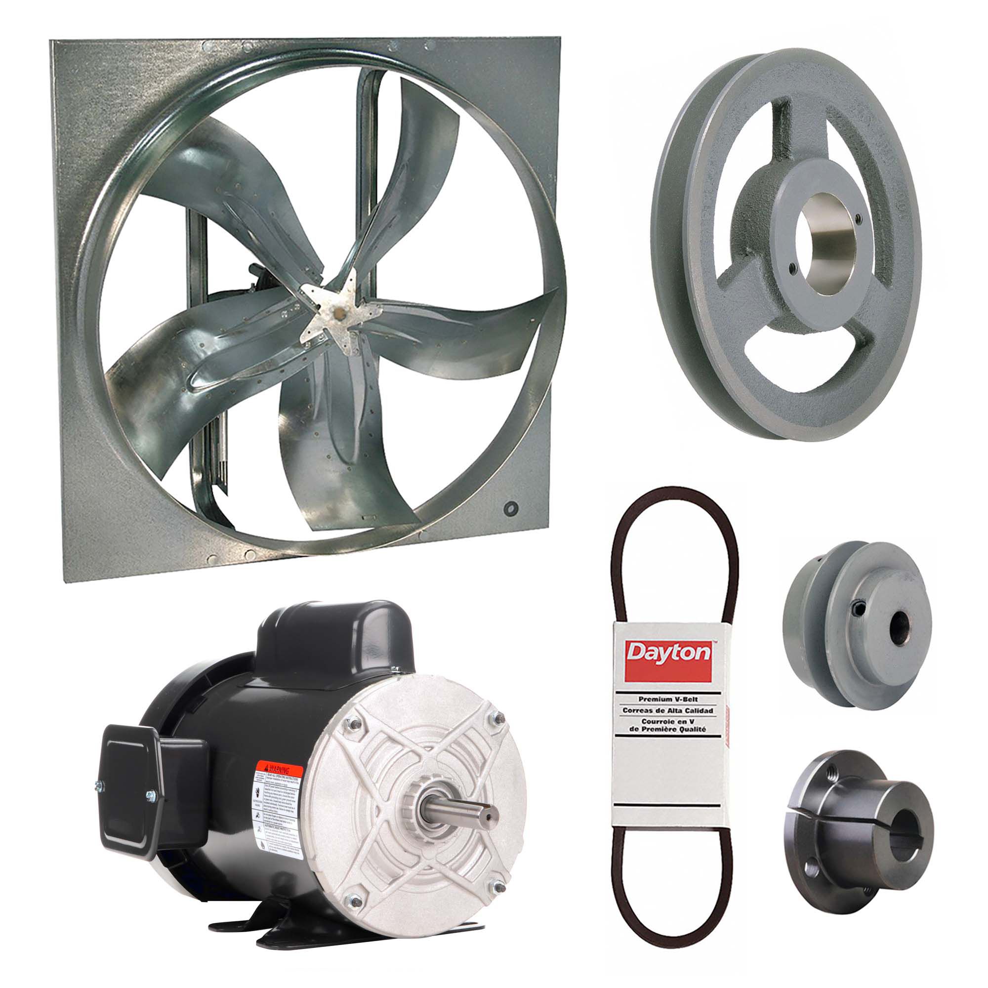 Exhaust Fan with Drive Package: Belt Drive, 24 in Blade, 3/4 hp, 7, 927 cfm, 115/208-230V AC, 1 ph