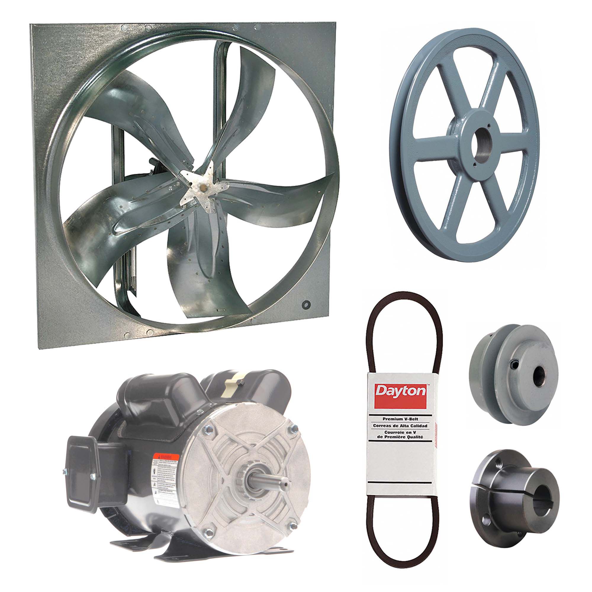 Exhaust Fan with Drive Package: Belt Drive, 24 in Blade, 1 hp, 8, 734 cfm, 115/208-230V AC, 1 ph