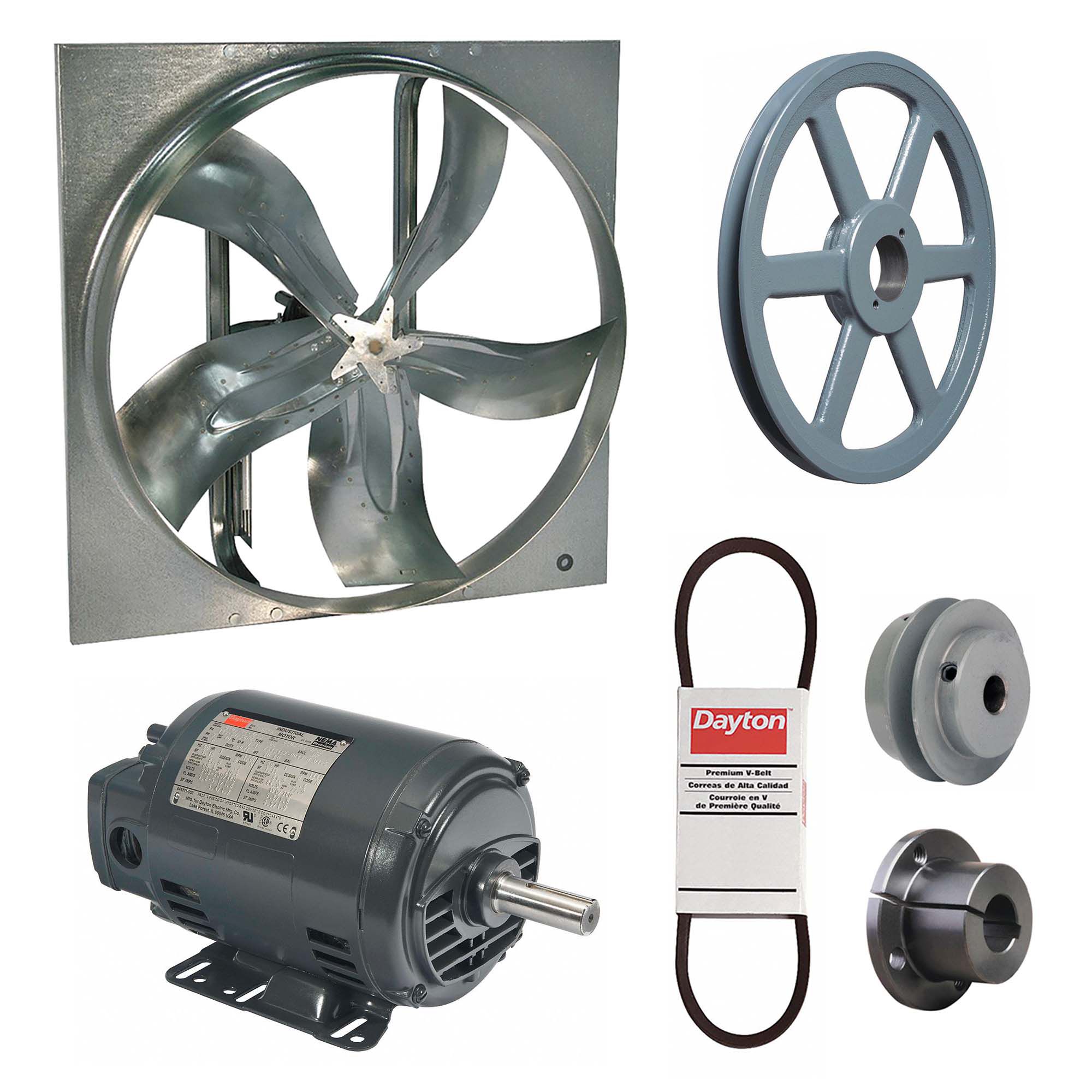 Exhaust Fan with Drive Package: Belt Drive, 24 in Blade, 1 hp, 8, 734 cfm, 208-230/460V AC, 3 ph