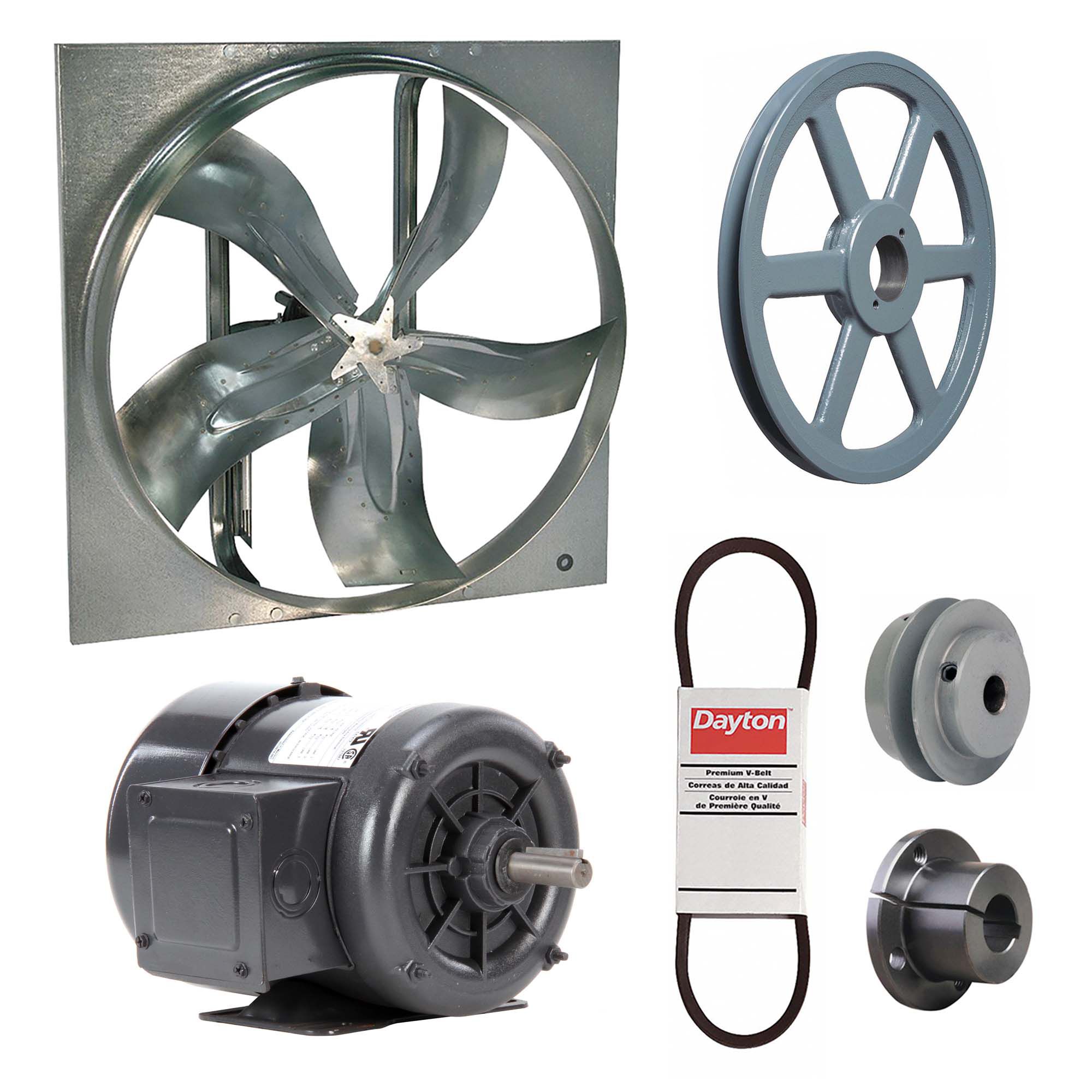 Exhaust Fan with Drive Package: Belt Drive, 24 in Blade, 1/3 hp, 6, 039 cfm, 230/460V AC, 3 ph