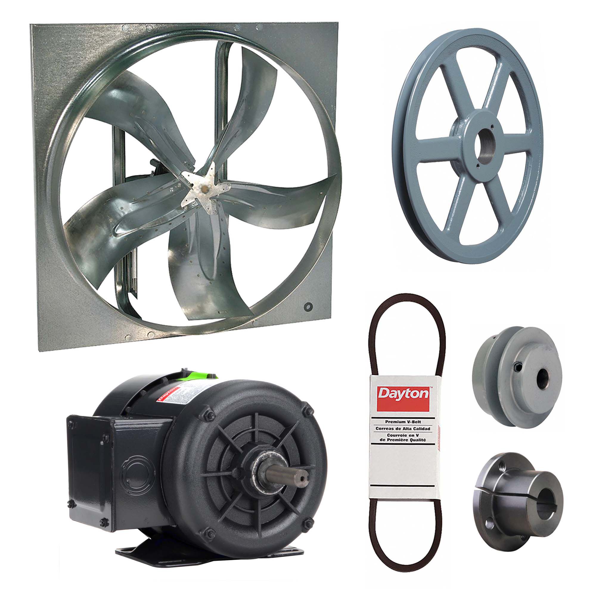 Exhaust Fan with Drive Package: Belt Drive, 24 in Blade, 1/2 hp, 6, 950 cfm, 208-230/460V AC, 3 ph