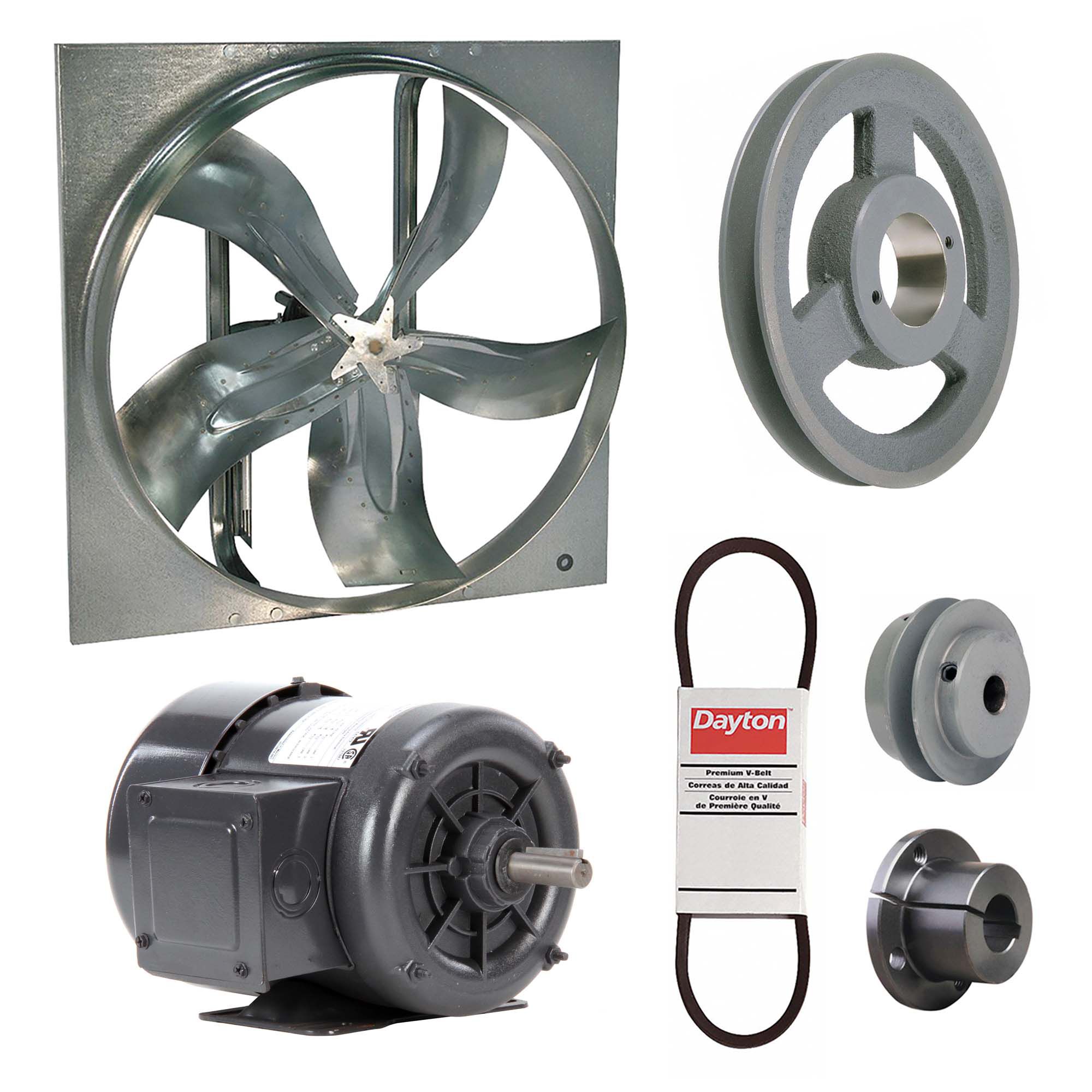 Exhaust Fan with Drive Package: Belt Drive, 24 in Blade, 3/4 hp, 7, 927 cfm, 208-230/460V AC, 3 ph