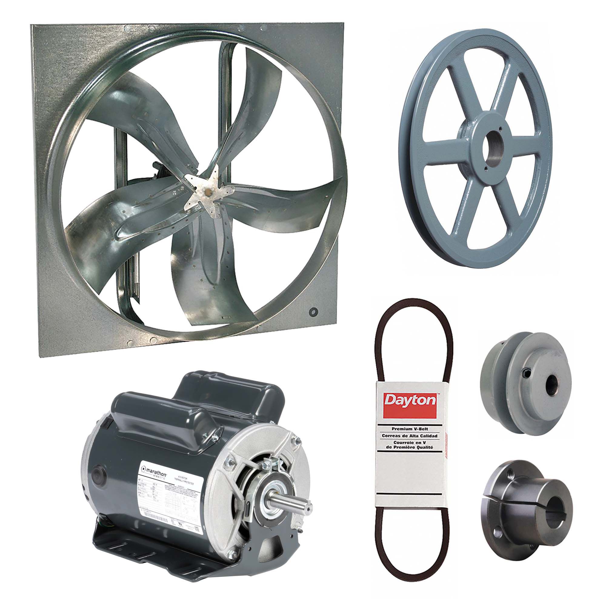 Exhaust Fan with Drive Package: Belt Drive, 30 in Blade, 1 1/2 hp, 14, 098 cfm, 115/208-230V AC, 1 ph