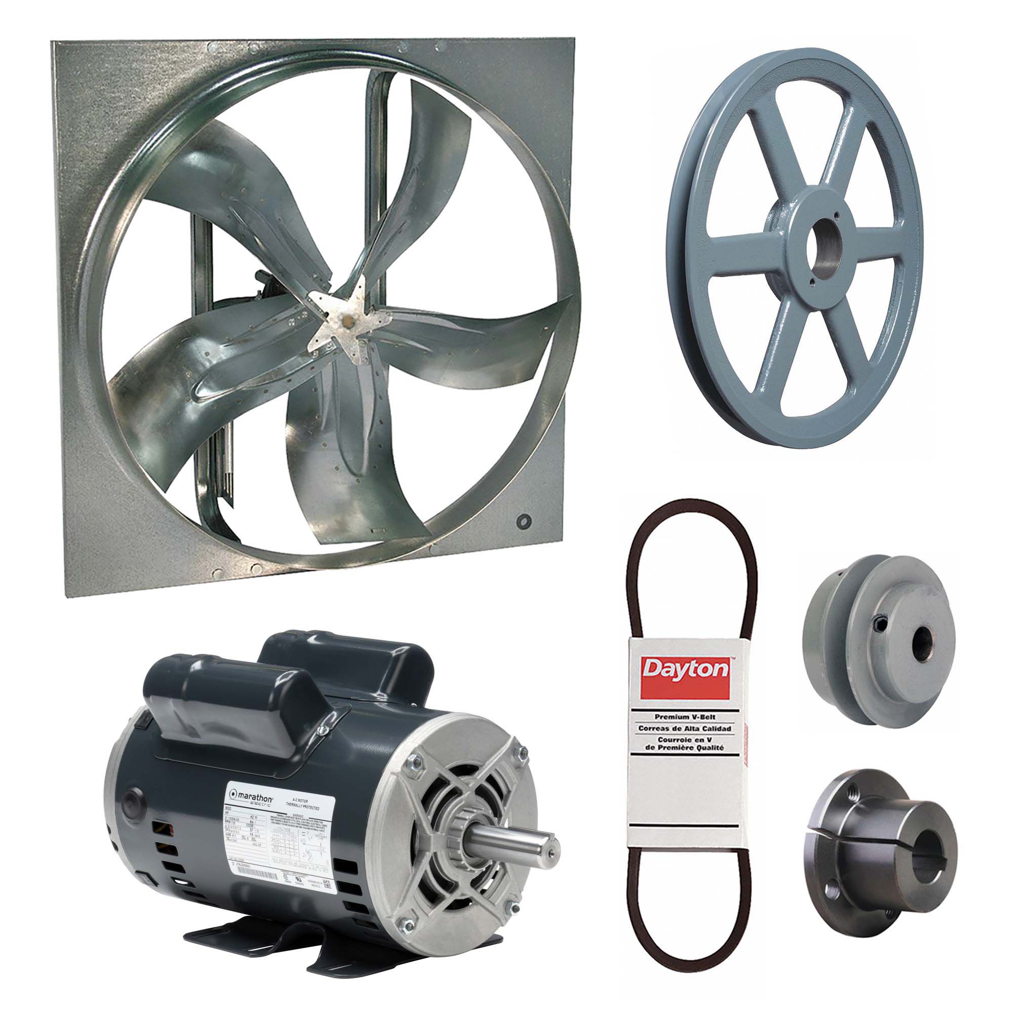 Exhaust Fan with Drive Package: Belt Drive, 30 in Blade, 2 hp, 15, 488 cfm, 115/208-230V AC, 1 ph