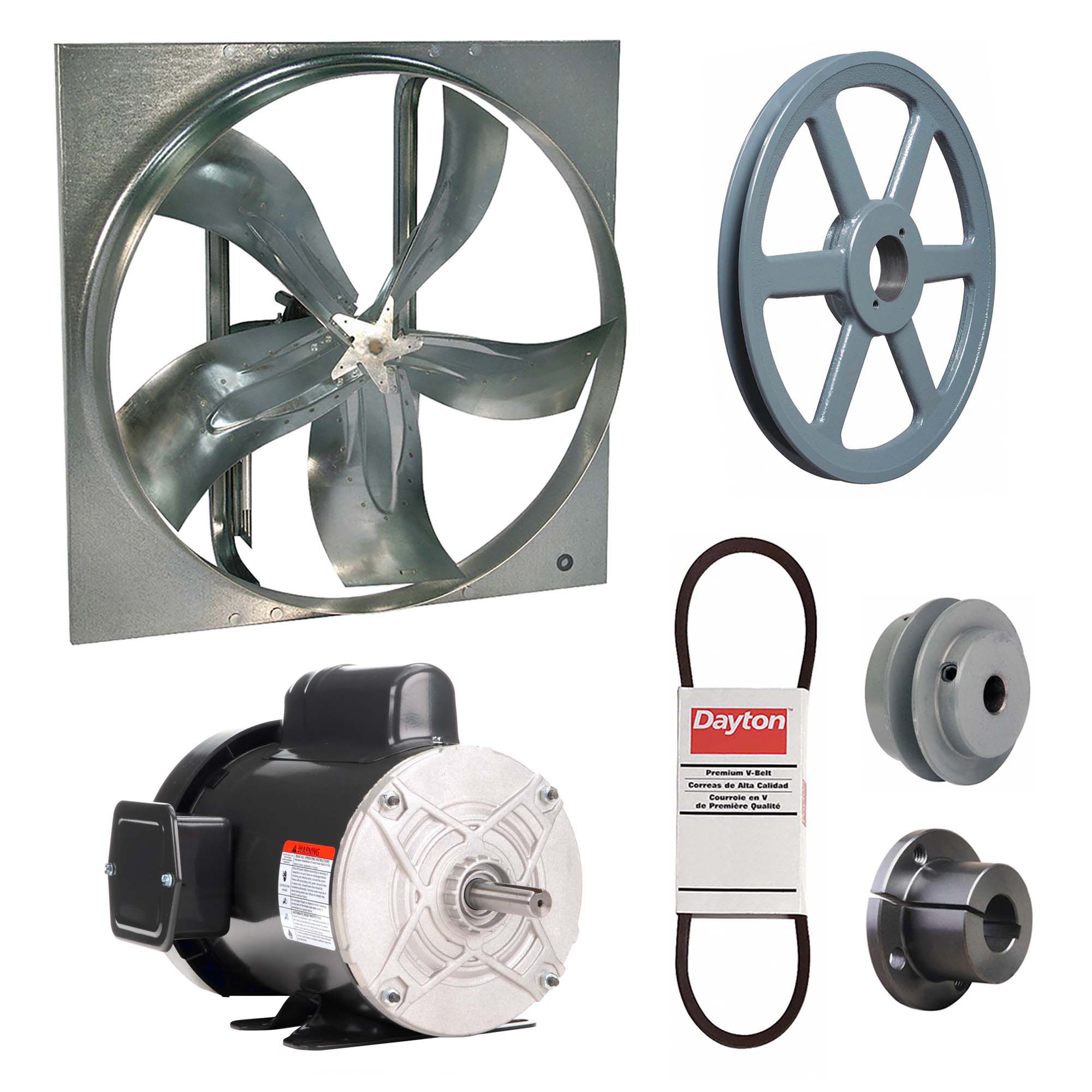 Exhaust Fan with Drive Package: Belt Drive, 30 in Blade, 3/4 hp, 11, 169 cfm, 115/208-230V AC, 1 ph