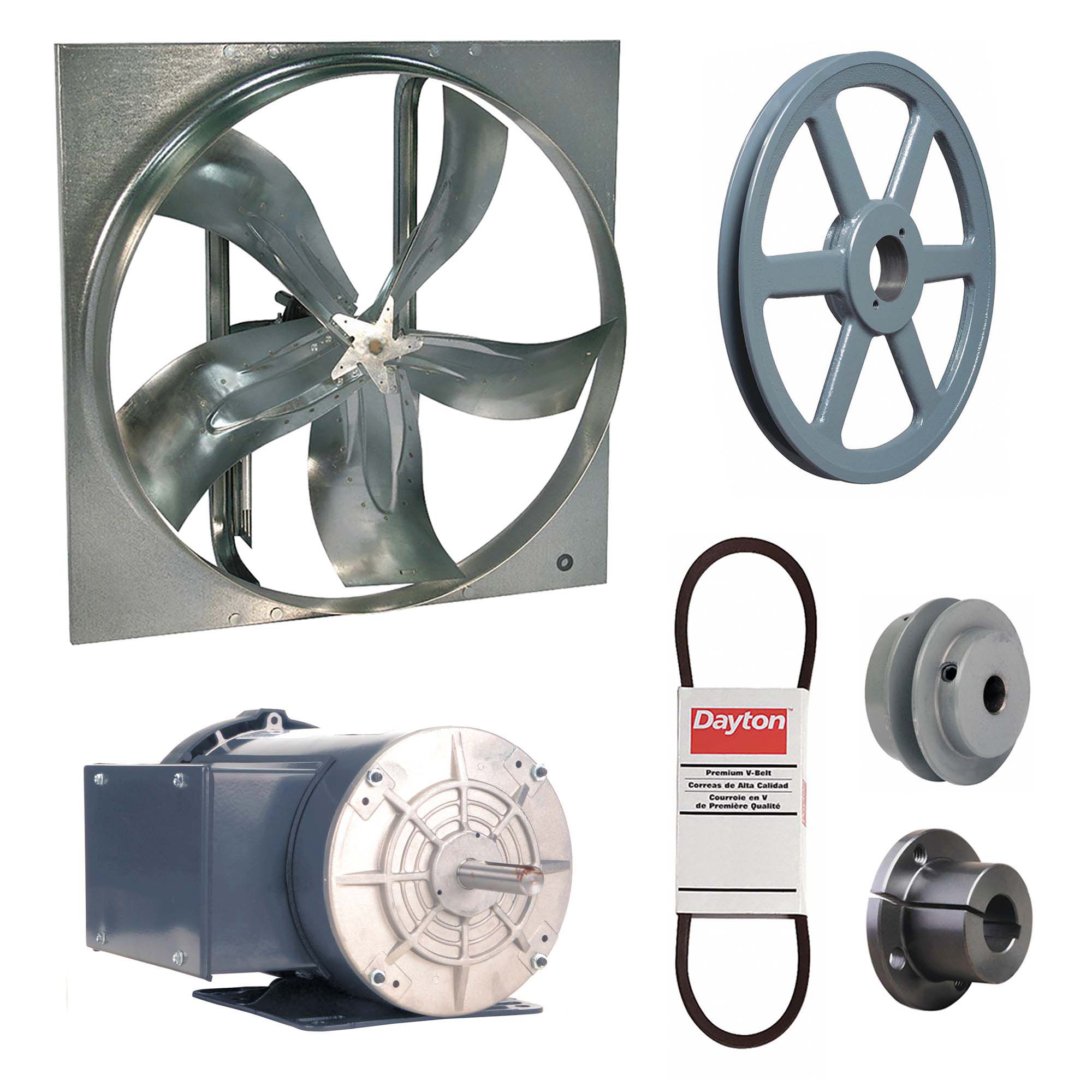 Exhaust Fan with Drive Package: Belt Drive, 30 in Blade, 1 1/2 hp, 14, 098 cfm, 115/208-230V AC, 1 ph
