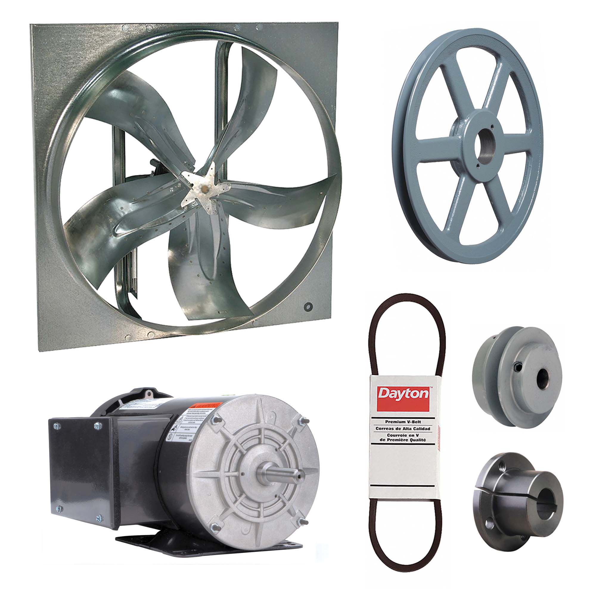 Exhaust Fan with Drive Package: Belt Drive, 30 in Blade, 2 hp, 15, 488 cfm, 115/208-230V AC, 1 ph