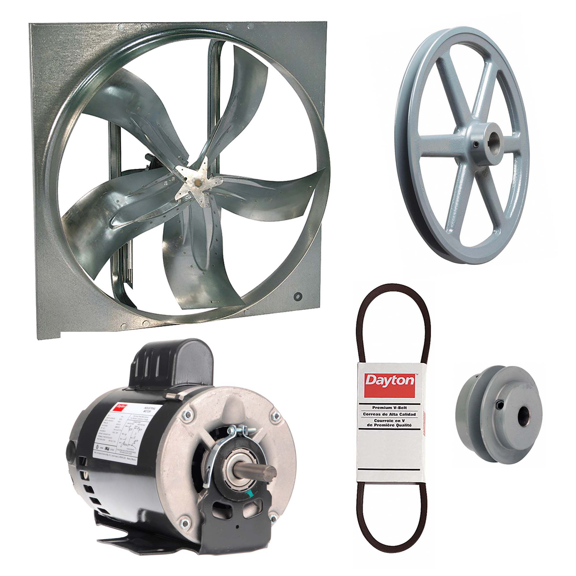 Exhaust Fan with Drive Package: Belt Drive, 36 in Blade, 1 hp, 15, 636 cfm, 115/208-230V AC, 1 ph