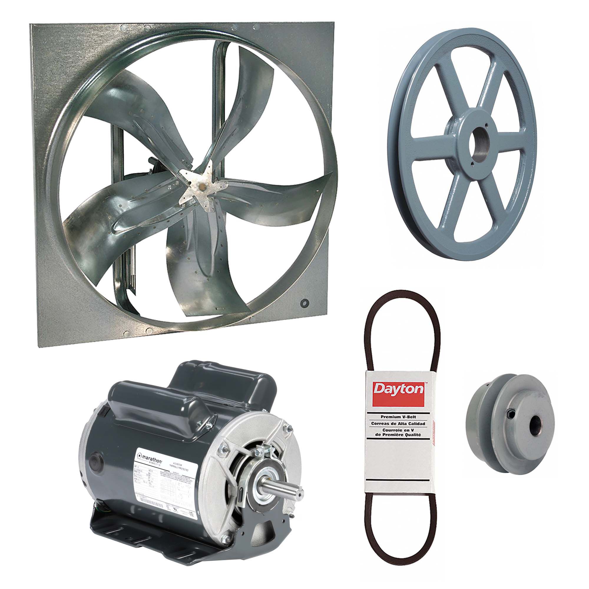 Exhaust Fan with Drive Package: Belt Drive, 36 in Blade, 1 1/2 hp, 17, 973 cfm, 115/208-230V AC, 1 ph