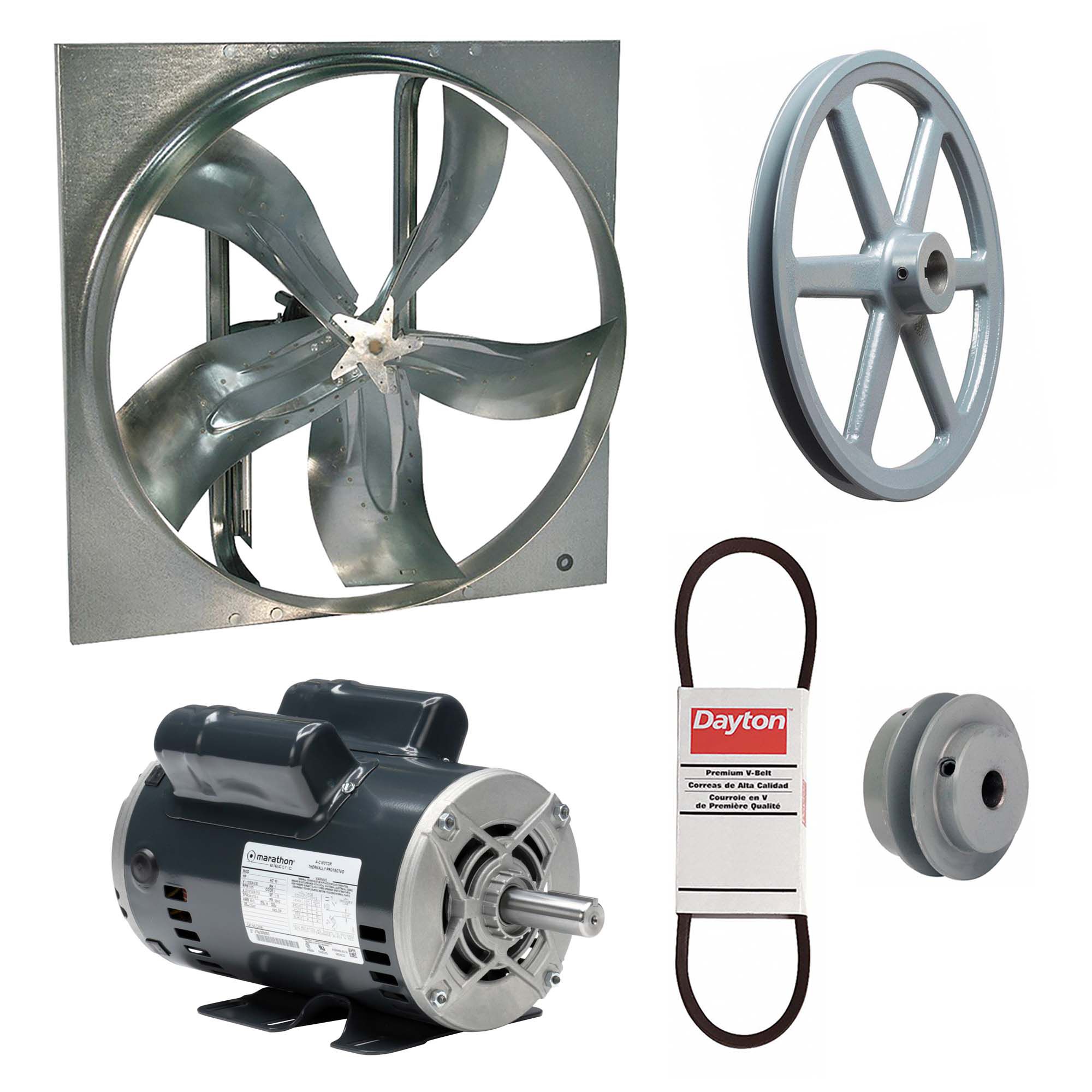 Exhaust Fan with Drive Package: Belt Drive, 36 in Blade, 2 hp, 19, 733 cfm, 115/208-230V AC, 1 ph