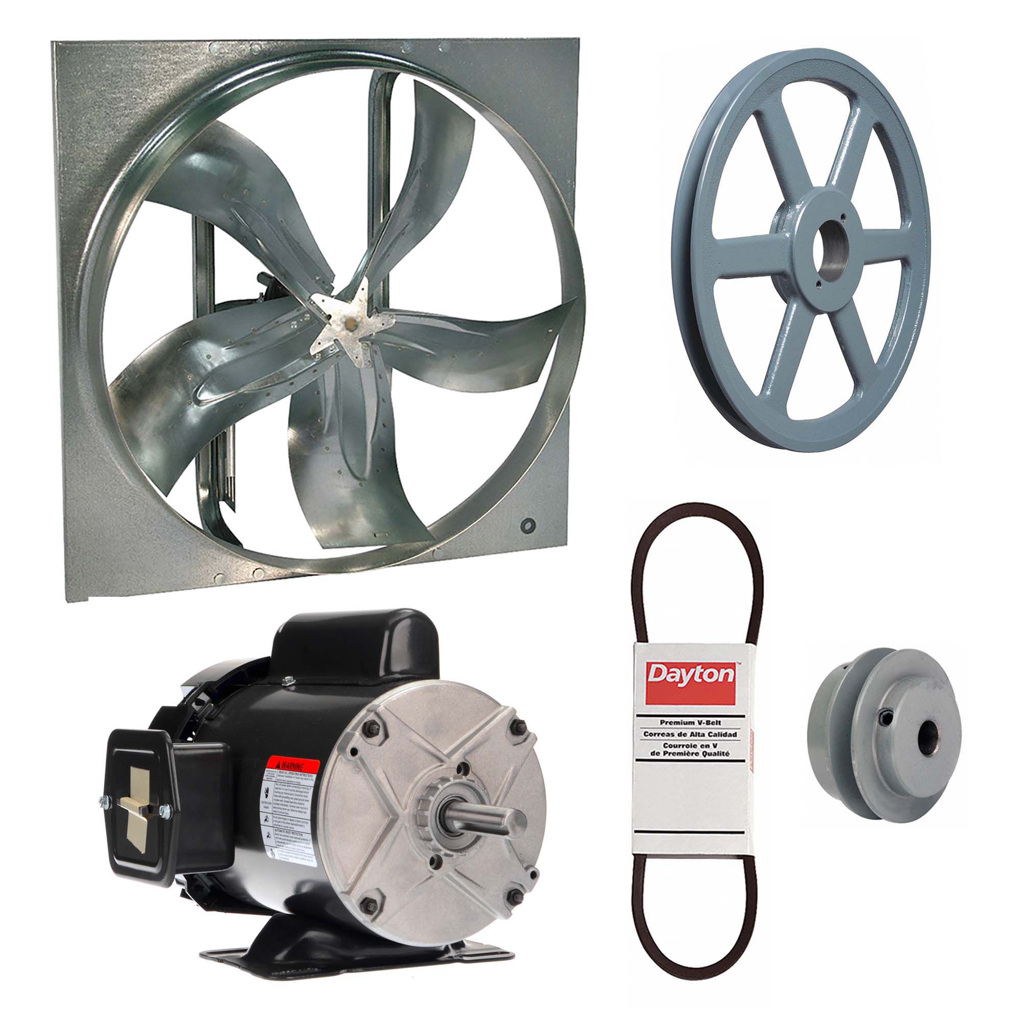 Exhaust Fan with Drive Package: Belt Drive, 36 in Blade, 1/2 hp, 12, 492 cfm, 115/208-230V AC, 1 ph