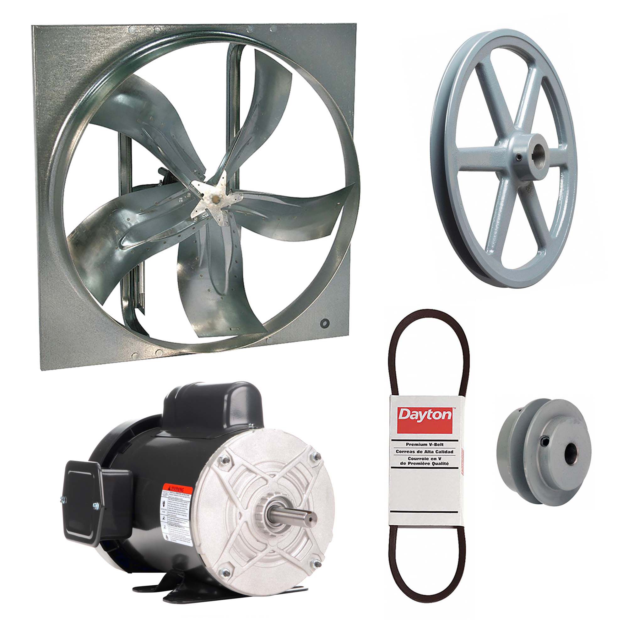Exhaust Fan with Drive Package: Belt Drive, 36 in Blade, 3/4 hp, 14, 223 cfm, 115/208-230V AC, 1 ph
