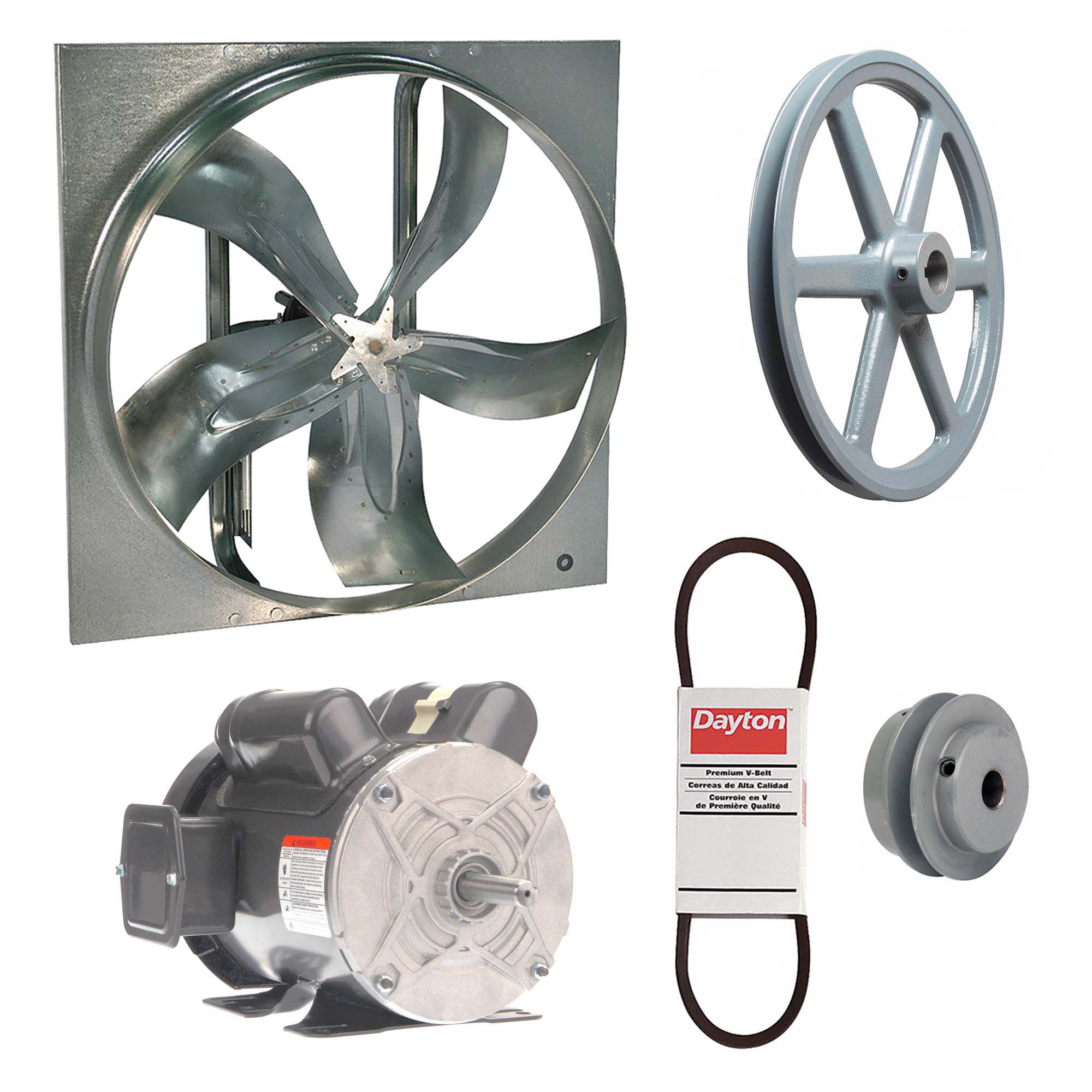 Exhaust Fan with Drive Package: Belt Drive, 36 in Blade, 1 hp, 15, 636 cfm, 115/208-230V AC, 1 ph