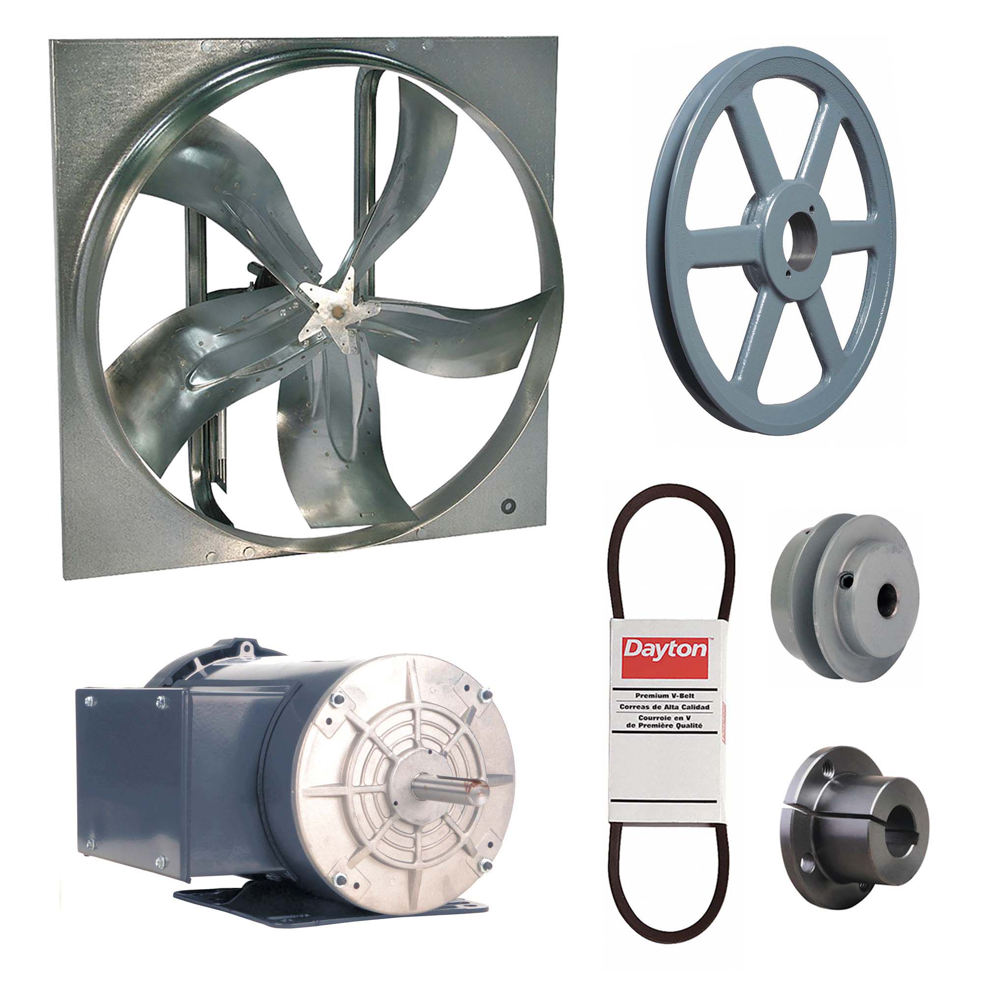 Exhaust Fan with Drive Package: Belt Drive, 36 in Blade, 1 1/2 hp, 17, 973 cfm, 115/208-230V AC, 1 ph