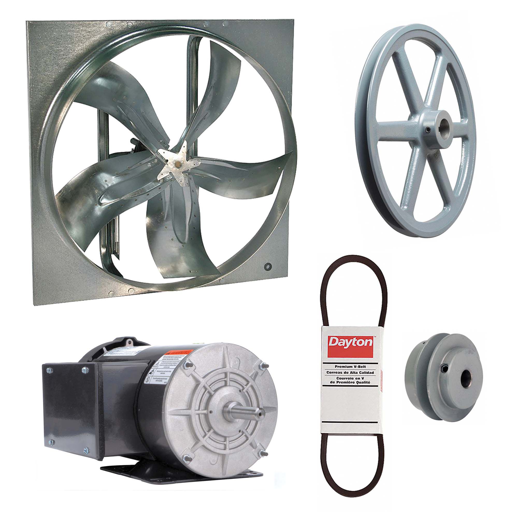 Exhaust Fan with Drive Package: Belt Drive, 36 in Blade, 2 hp, 19, 733 cfm, 115/208-230V AC, 1 ph