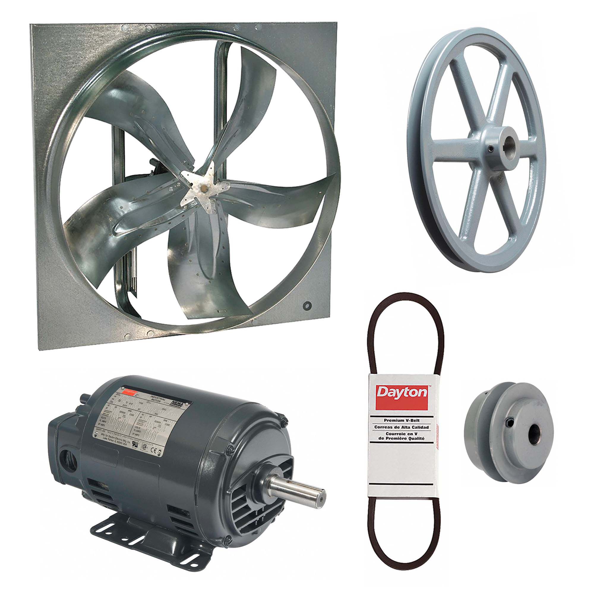 Exhaust Fan with Drive Package: Belt Drive, 36 in Blade, 1 hp, 15, 636 cfm, 208-230/460V AC, 3 ph