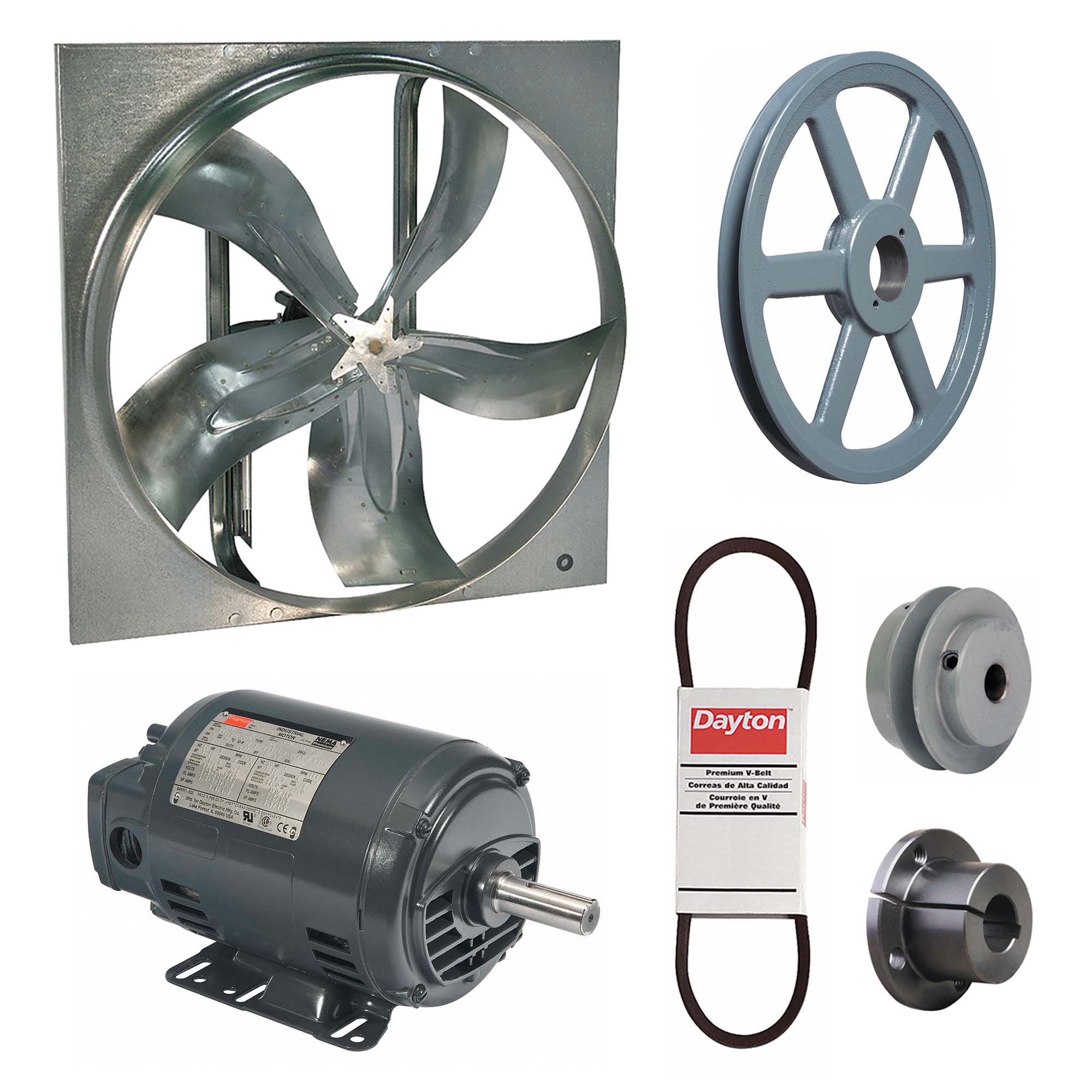 Exhaust Fan with Drive Package: Belt Drive, 36 in Blade, 1 1/2 hp, 17, 973 cfm, 208-230/460V AC, 3 ph