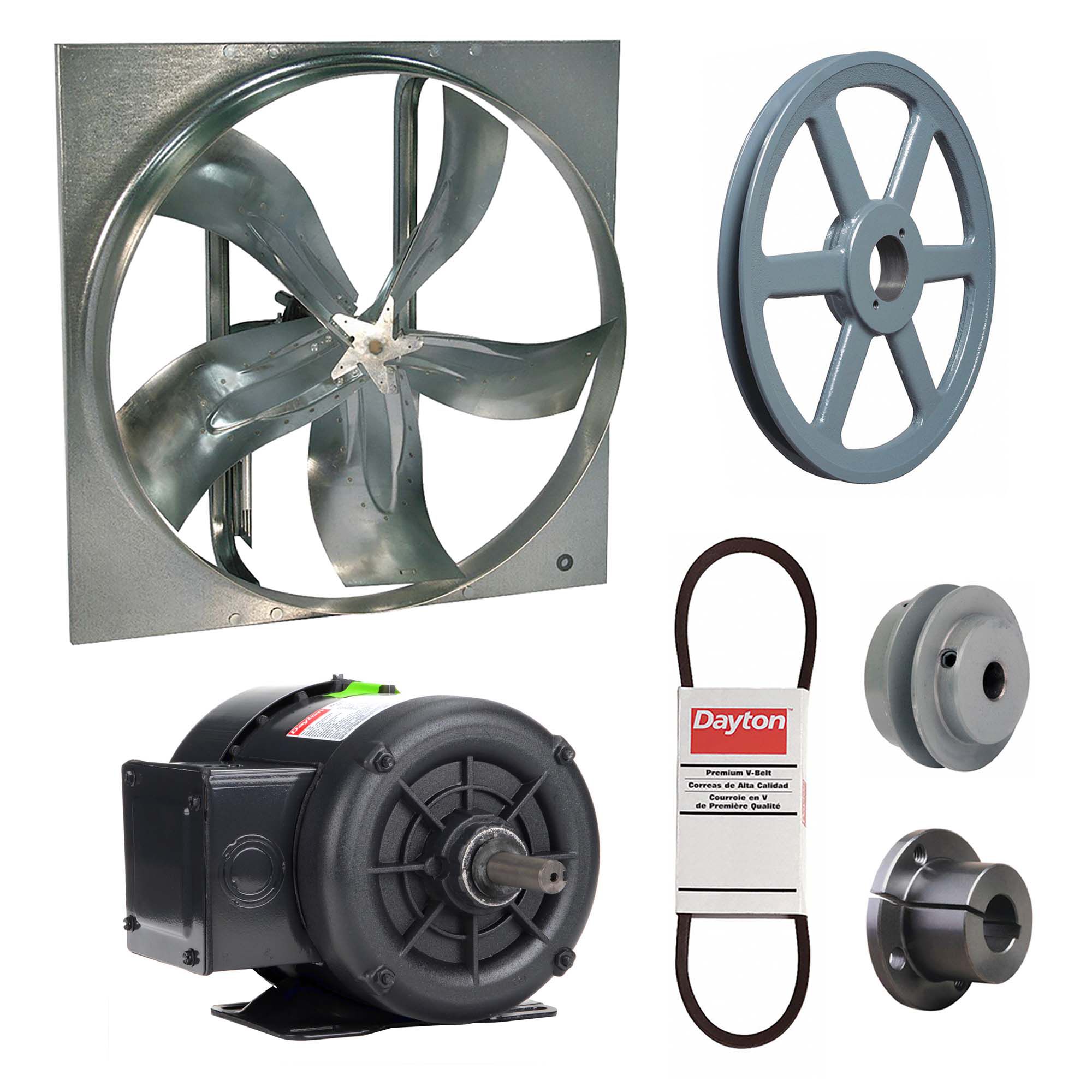 Exhaust Fan with Drive Package: Belt Drive, 36 in Blade, 1/2 hp, 12, 492 cfm, 208-230/460V AC, 3 ph