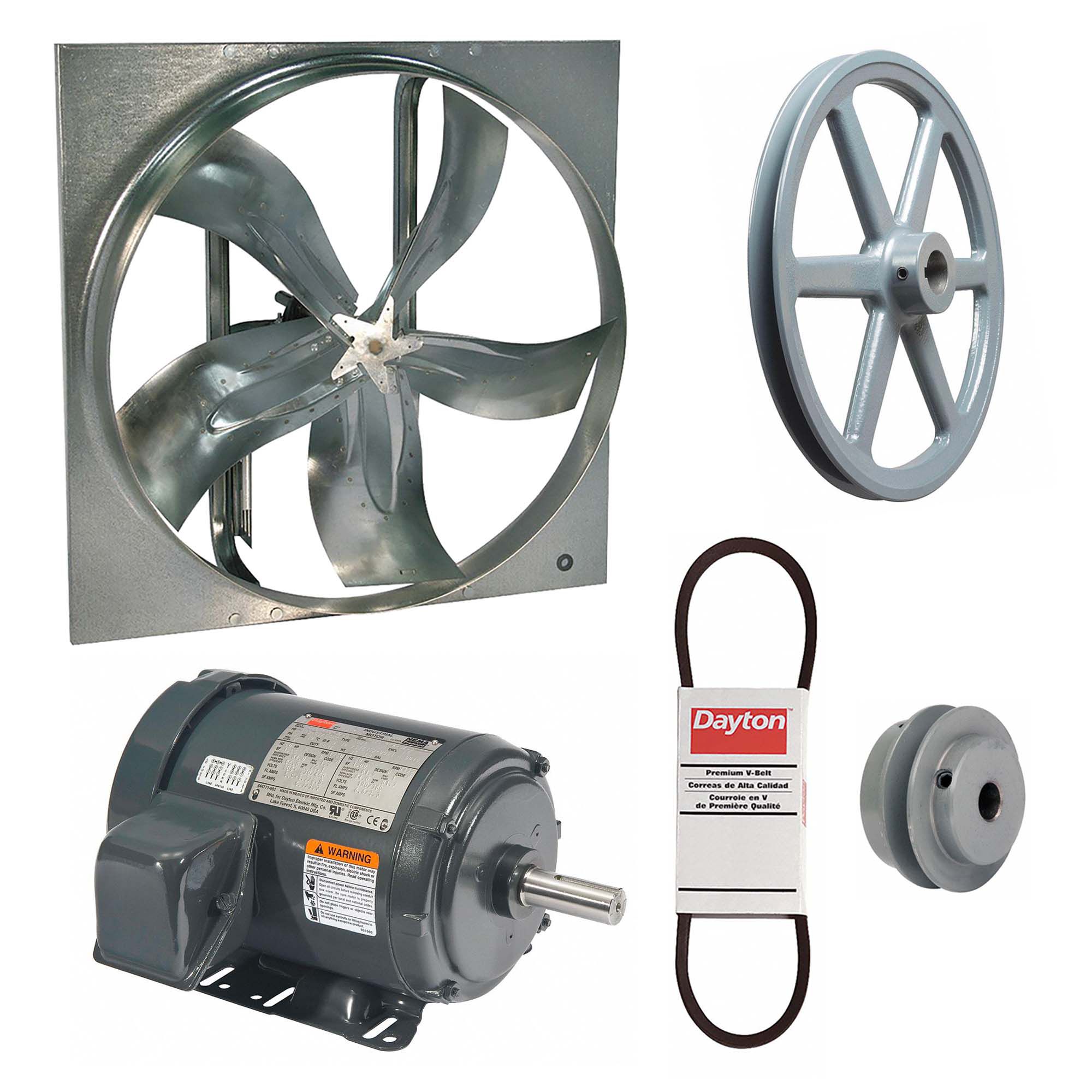 Exhaust Fan with Drive Package: Belt Drive, 36 in Blade, 1 hp, 15, 636 cfm, 230/460V AC, 3 ph