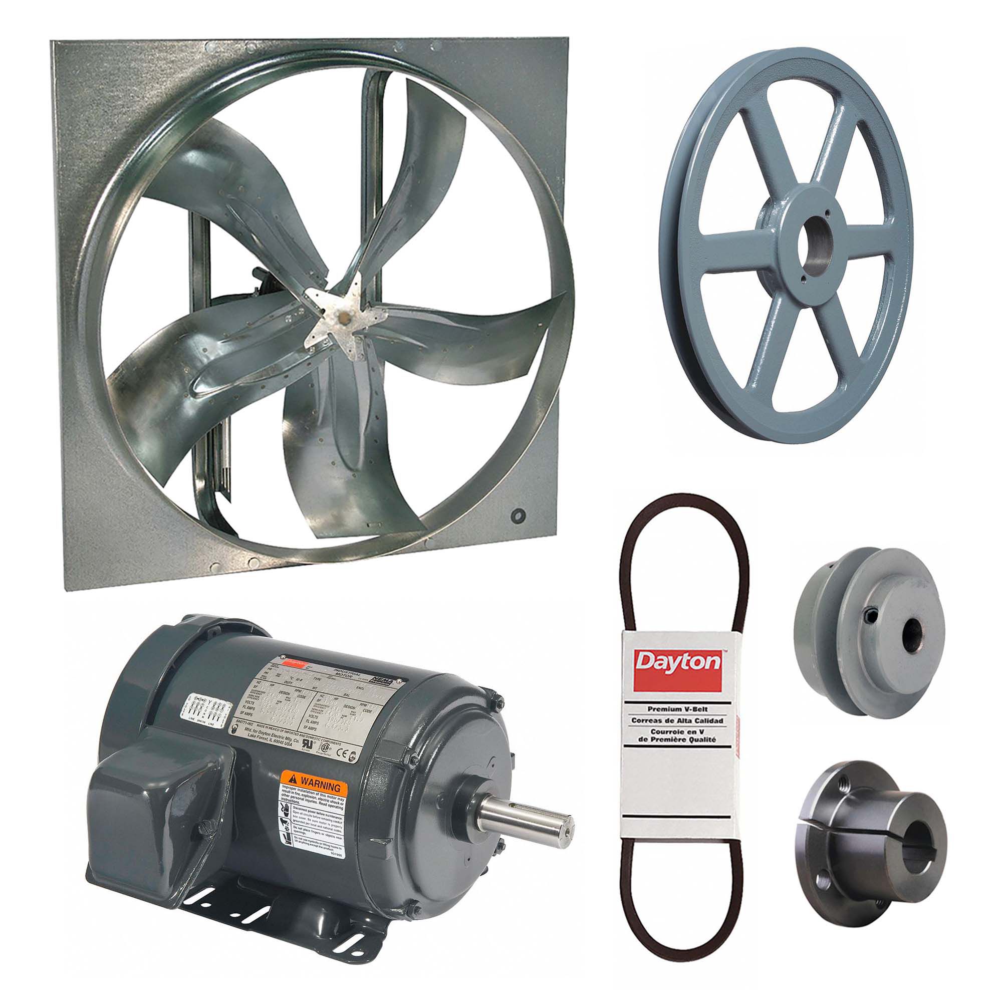 Exhaust Fan with Drive Package: Belt Drive, 36 in Blade, 1 1/2 hp, 17, 973 cfm, 208-230/460V AC, 3 ph