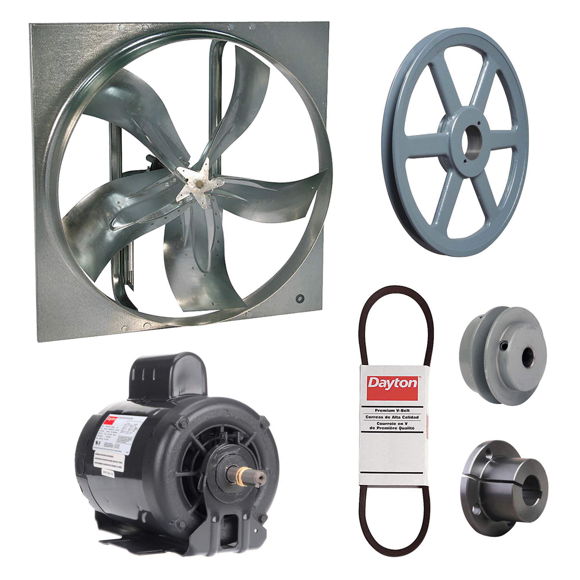 Exhaust Fan with Drive Package: Belt Drive, 42 in Blade, 3/4 hp, 17, 709 cfm, 115/230V AC, 1 ph