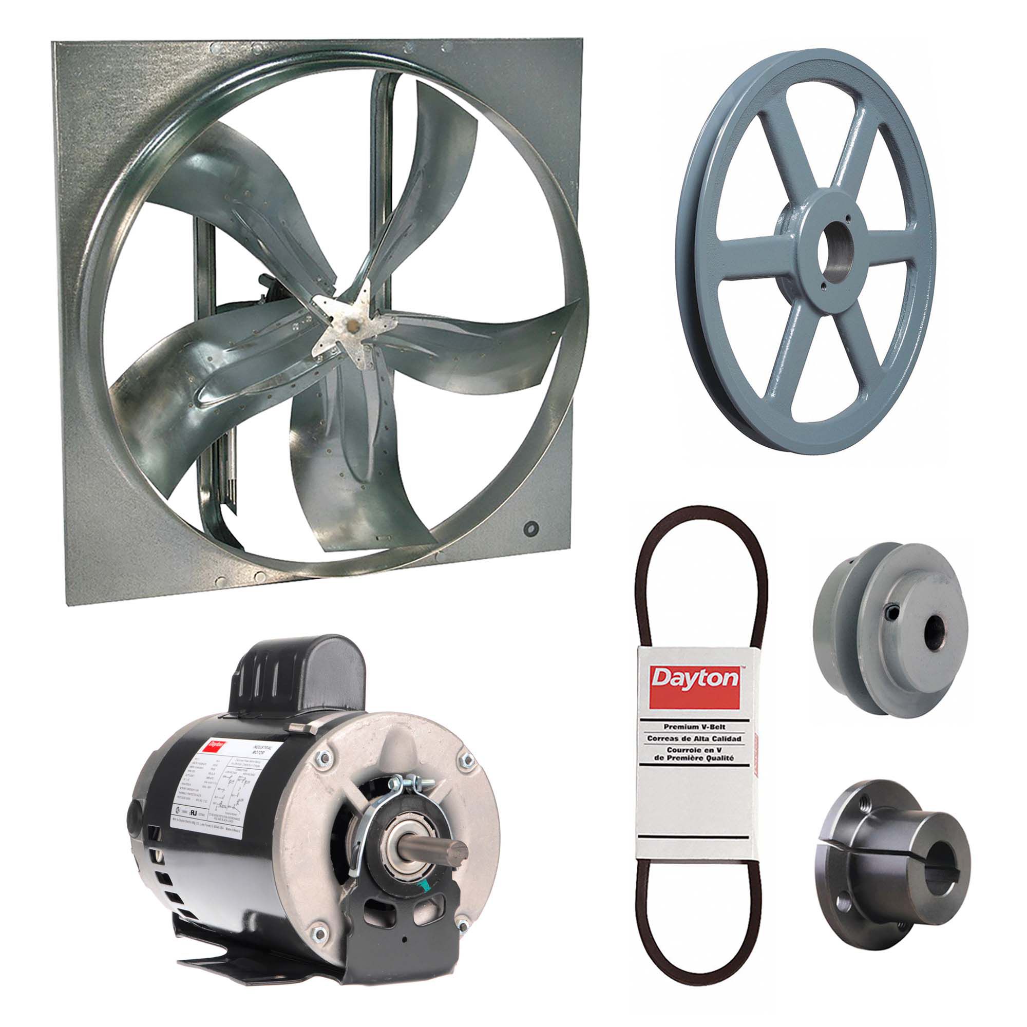 Exhaust Fan with Drive Package: Belt Drive, 42 in Blade, 1 hp, 19, 480 cfm, 115/208-230V AC, 1 ph