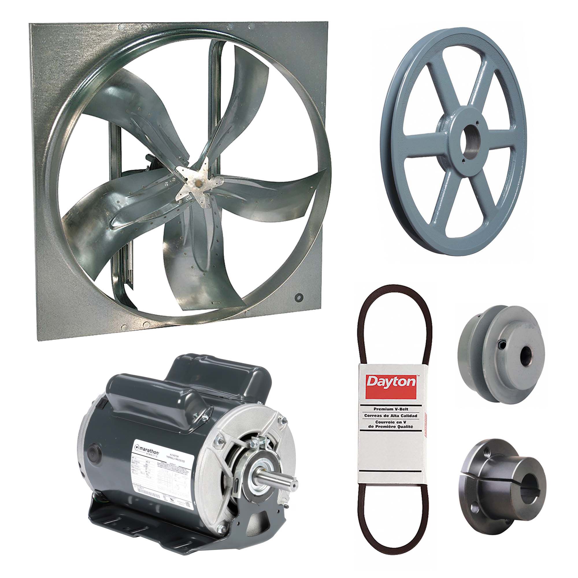 Exhaust Fan with Drive Package: Belt Drive, 42 in Blade, 1 1/2 hp, 22, 322 cfm, 115/208-230V AC, 1 ph