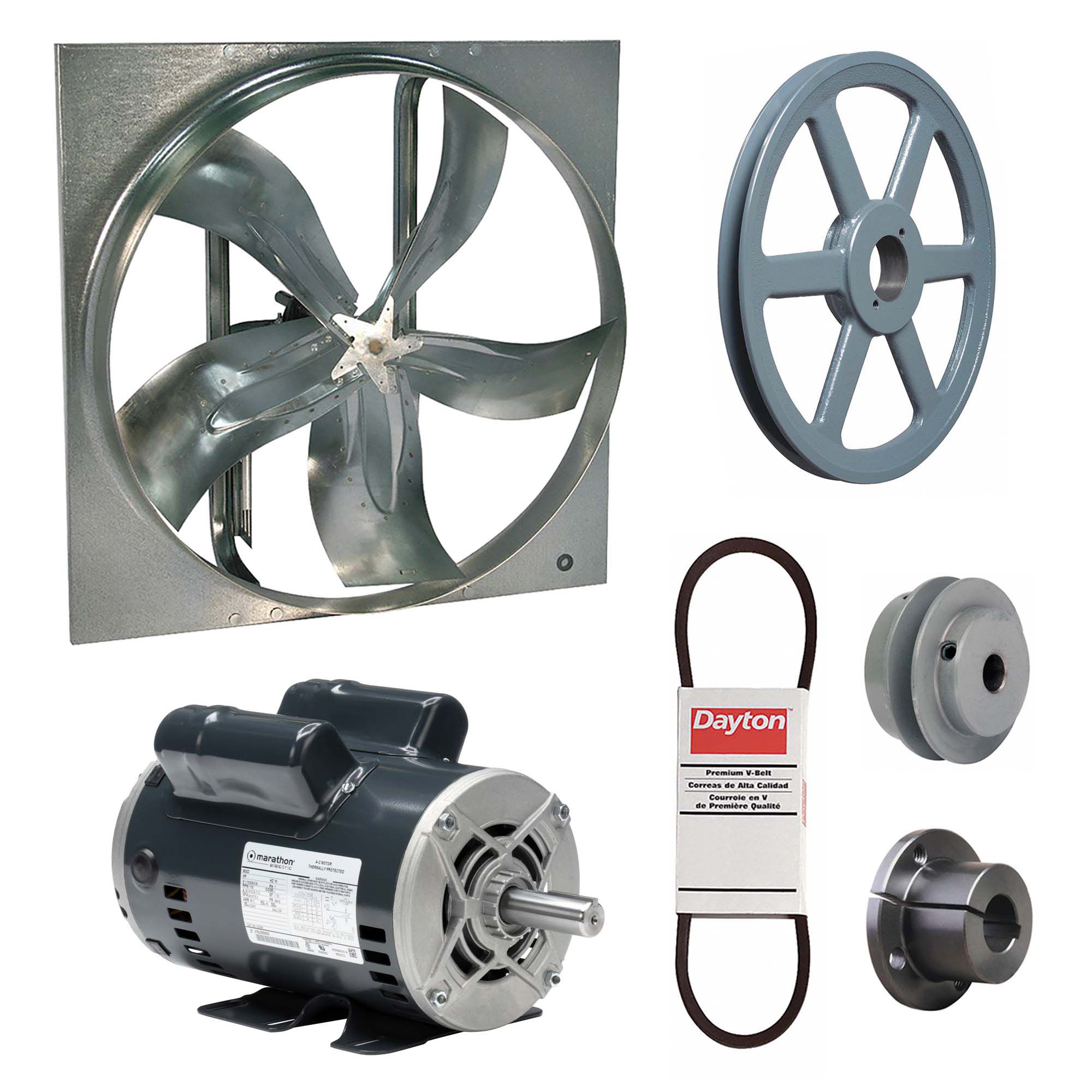Exhaust Fan with Drive Package: Belt Drive, 42 in Blade, 2 hp, 24, 419 cfm, 115/208-230V AC, 1 ph
