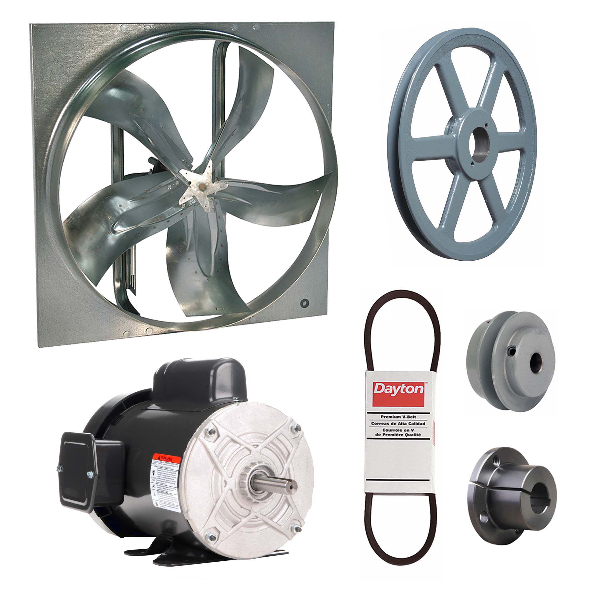 Exhaust Fan with Drive Package: Belt Drive, 42 in Blade, 3/4 hp, 17, 709 cfm, 115/208-230V AC, 1 ph