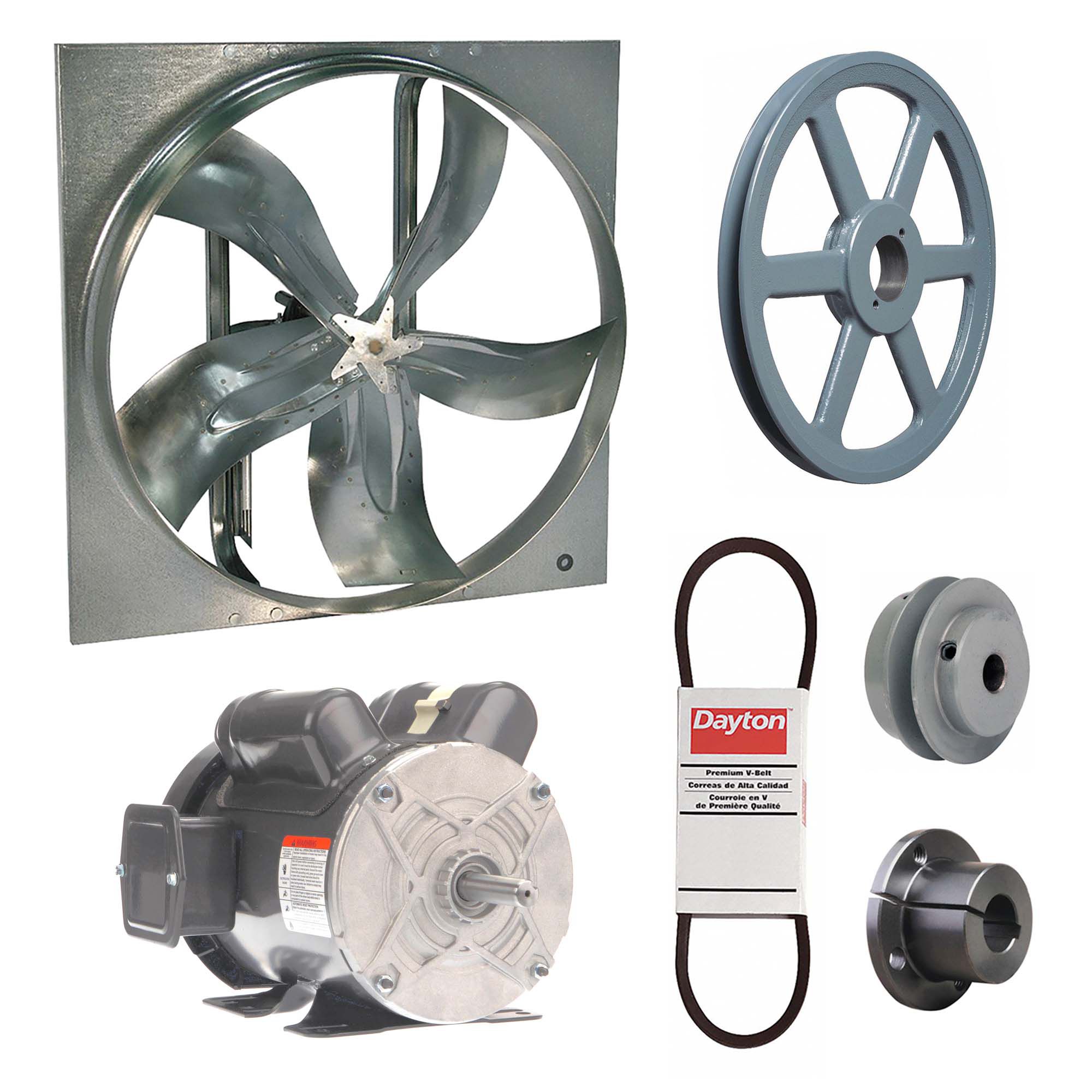 Exhaust Fan with Drive Package: Belt Drive, 42 in Blade, 1 hp, 19, 480 cfm, 115/208-230V AC, 1 ph