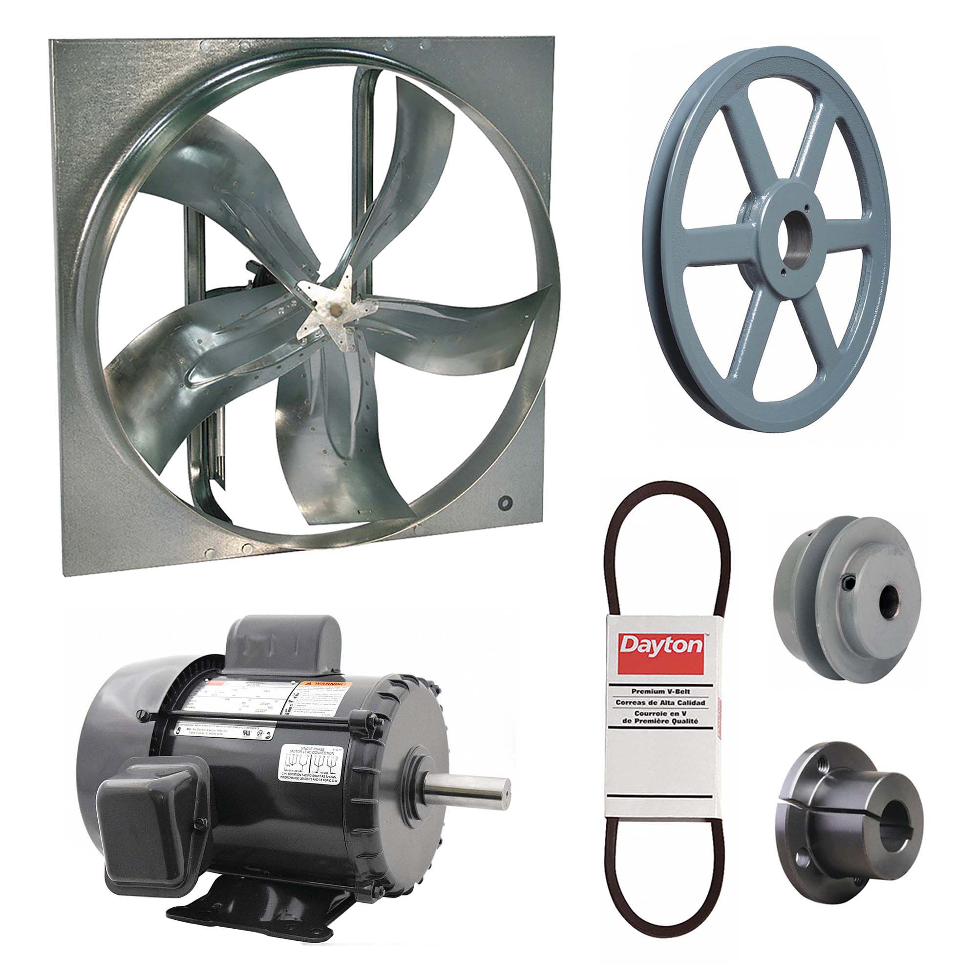 Exhaust Fan with Drive Package: Belt Drive, 42 in Blade, 2 hp, 24, 419 cfm, 115/230V AC, 1 ph