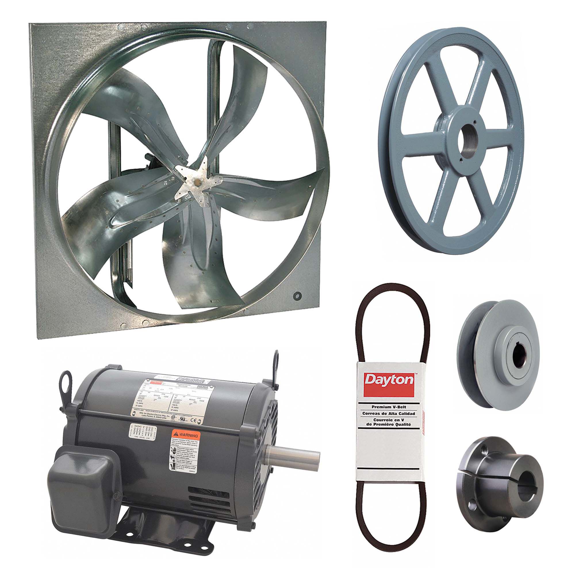 Exhaust Fan with Drive Package: Belt Drive, 42 in Blade, 3 hp, 28, 101 cfm, 208-230/460V AC, 3 ph