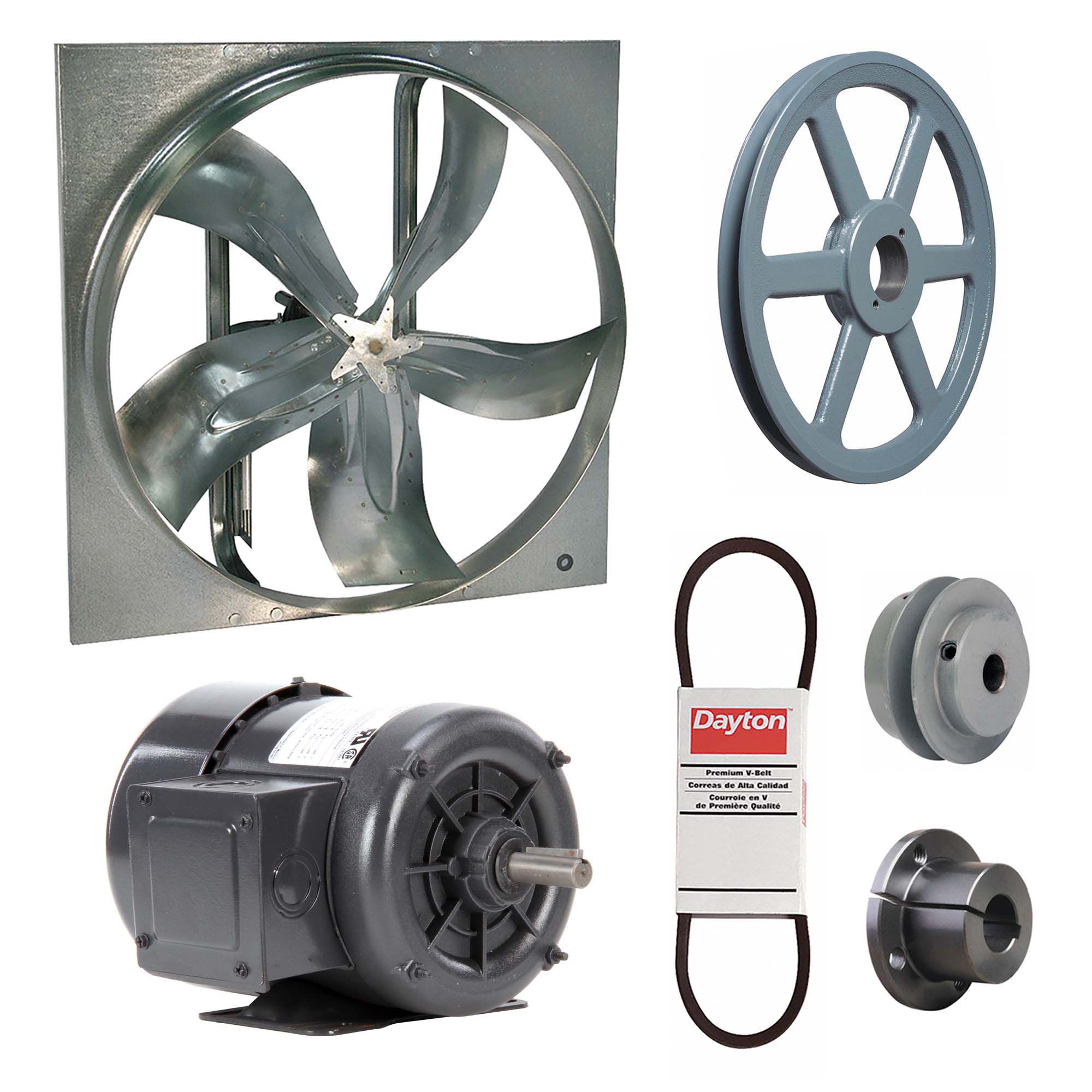 Exhaust Fan with Drive Package: Belt Drive, 42 in Blade, 3/4 hp, 17, 709 cfm, 208-230/460V AC, 3 ph