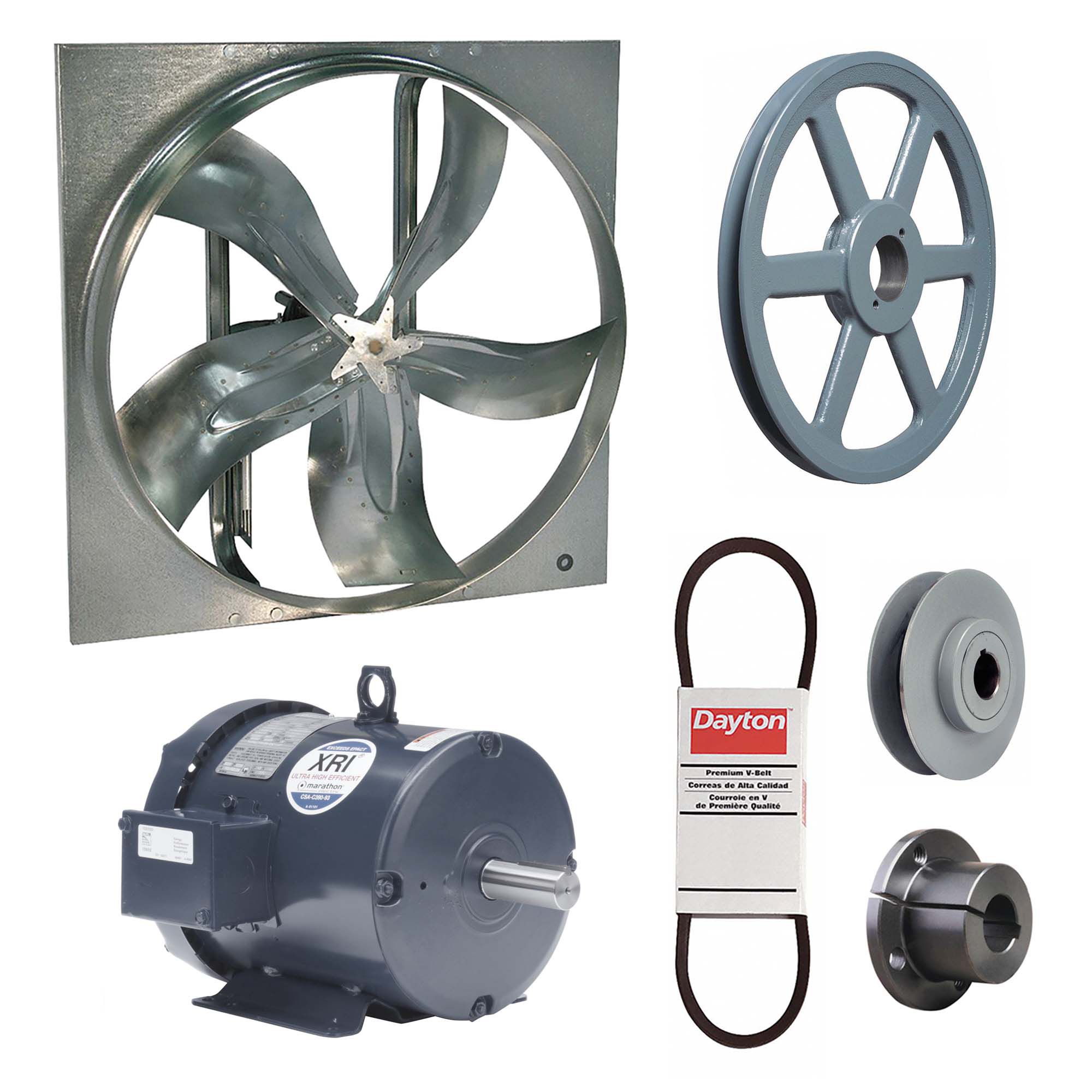 Exhaust Fan with Drive Package: Belt Drive, 42 in Blade, 3 hp, 28, 101 cfm, 230/460V AC, 3 ph