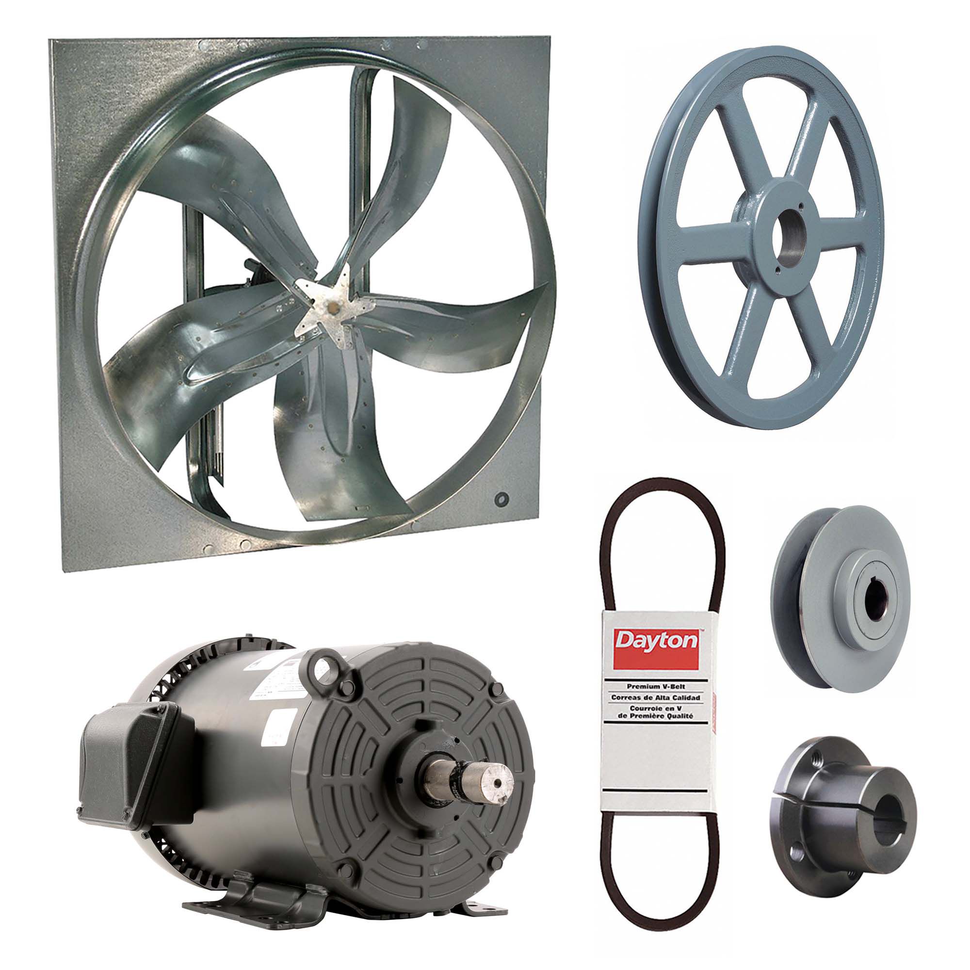 Exhaust Fan with Drive Package: Belt Drive, 42 in Blade, 5 hp, 33, 227 cfm, 208-230/460V AC, 3 ph