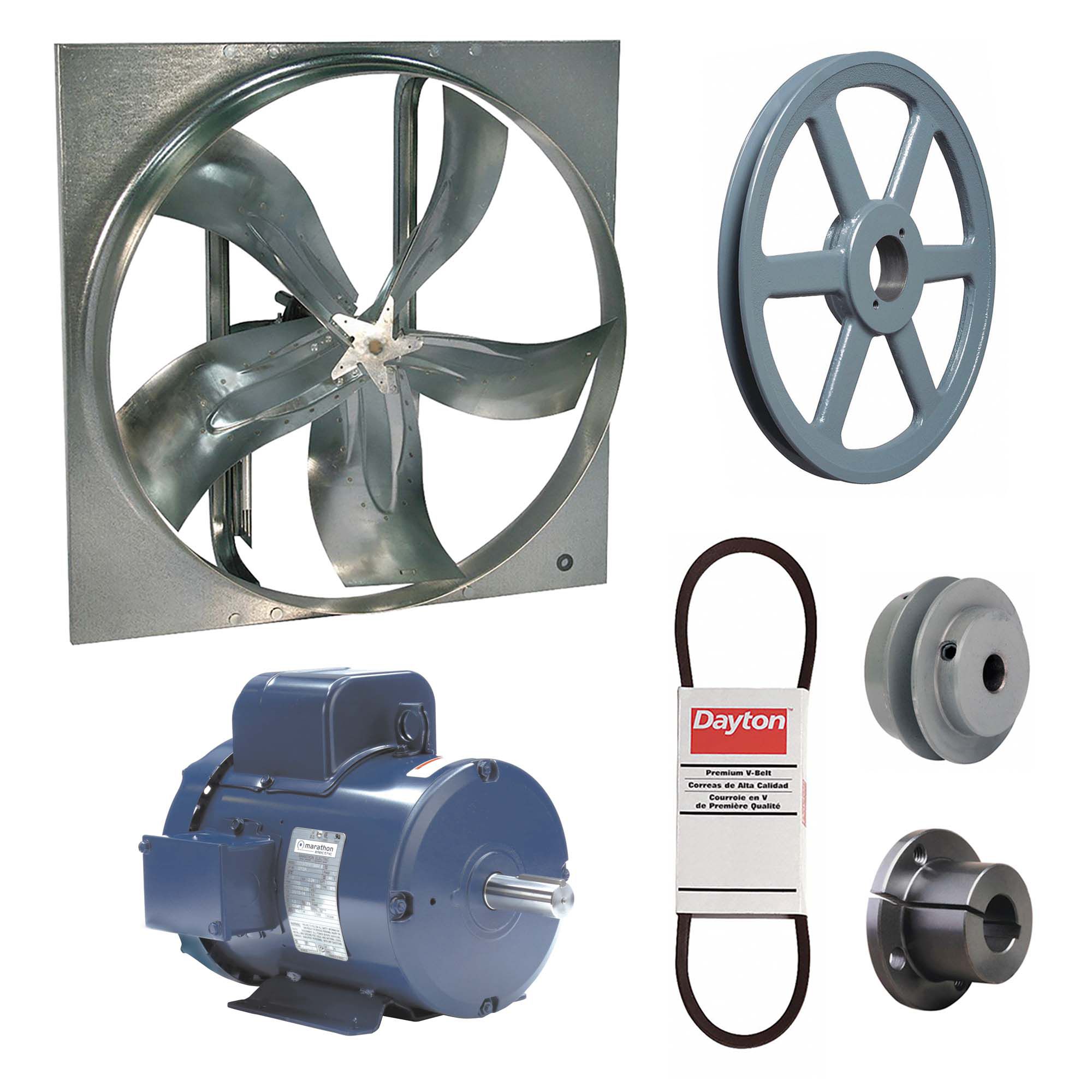 Exhaust Fan with Drive Package: Belt Drive, 48 in Blade, 3 hp, 32, 605 cfm, 115/208-230V AC, 1 ph