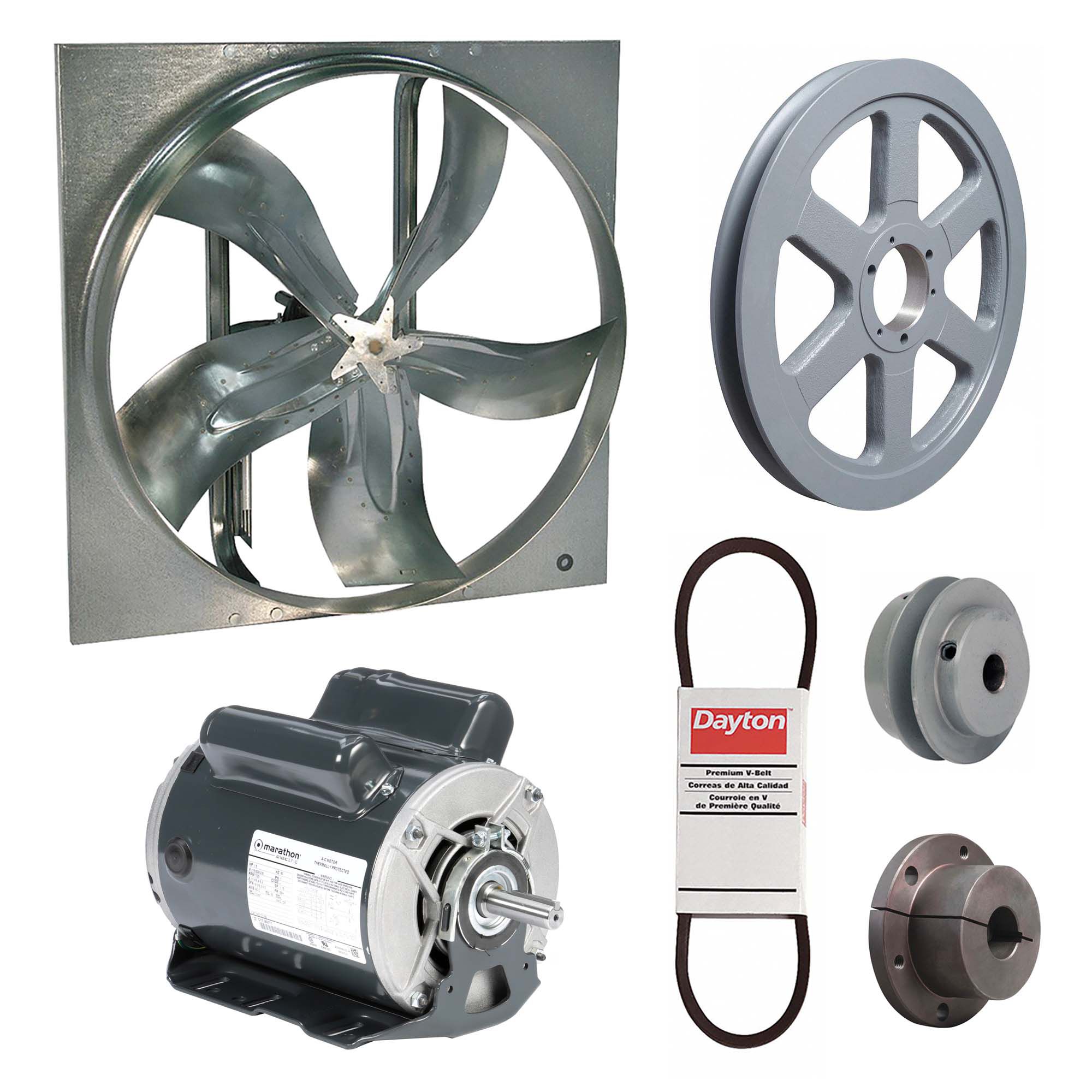 Exhaust Fan with Drive Package: Belt Drive, 54 in Blade, 1 1/2 hp, 30, 129 cfm, 115/208-230V AC, 1 ph