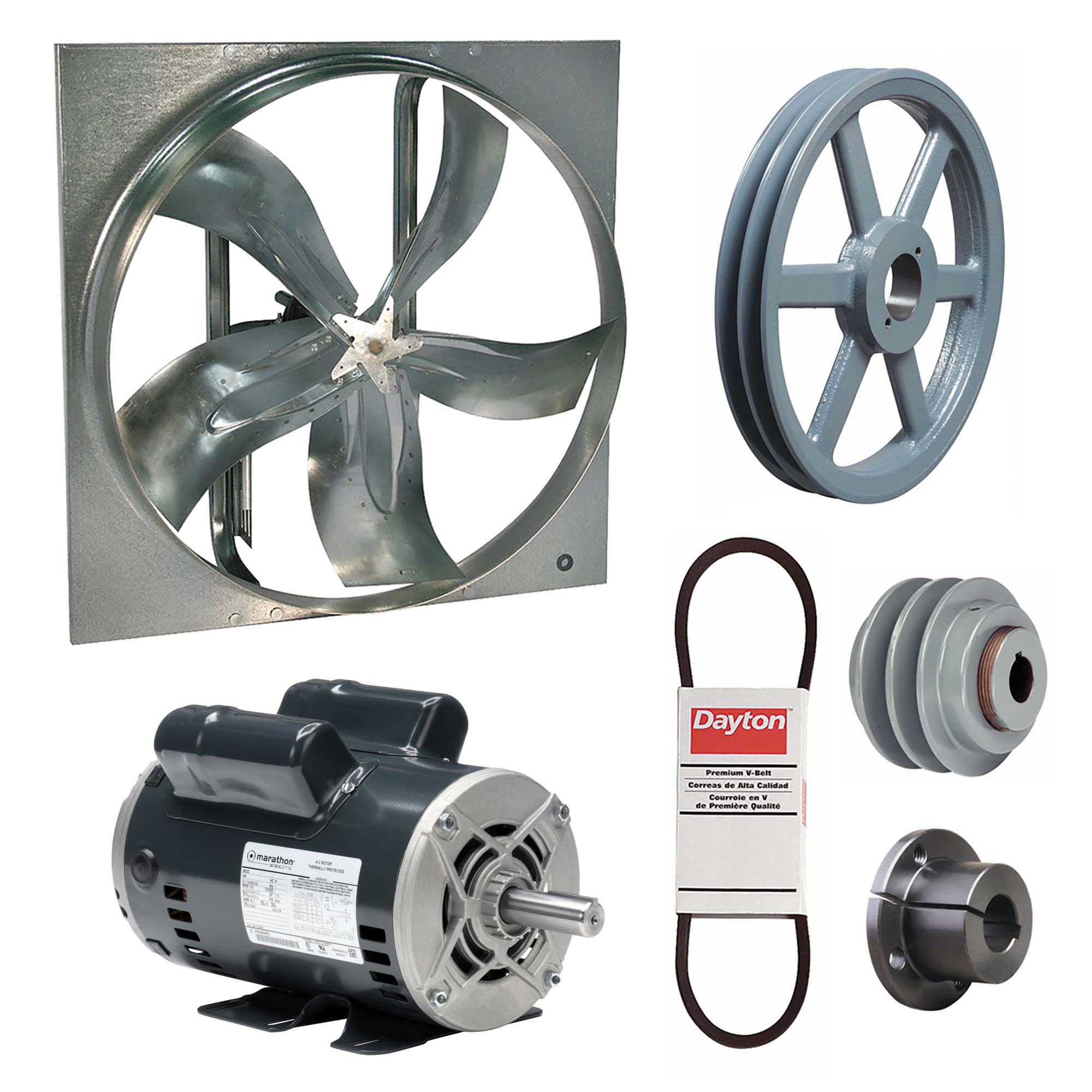 Exhaust Fan with Drive Package: Belt Drive, 54 in Blade, 2 hp, 32, 589 cfm, 115/208-230V AC, 1 ph