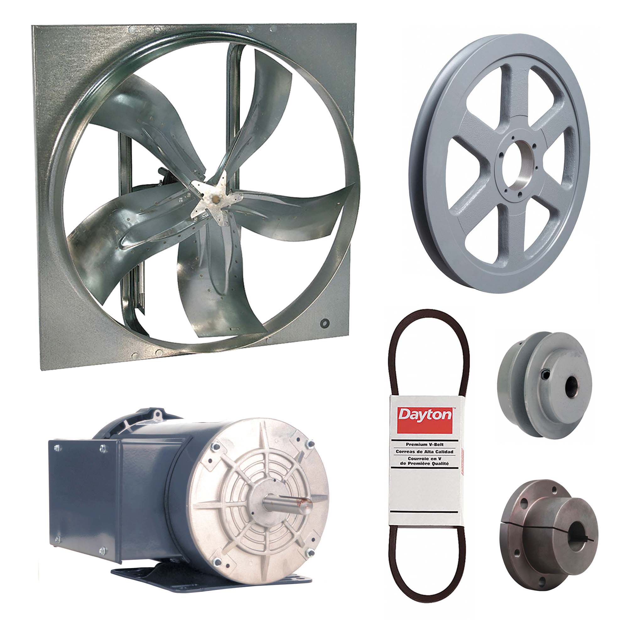 Exhaust Fan with Drive Package: Belt Drive, 54 in Blade, 1 1/2 hp, 30, 129 cfm, 115/208-230V AC, 1 ph