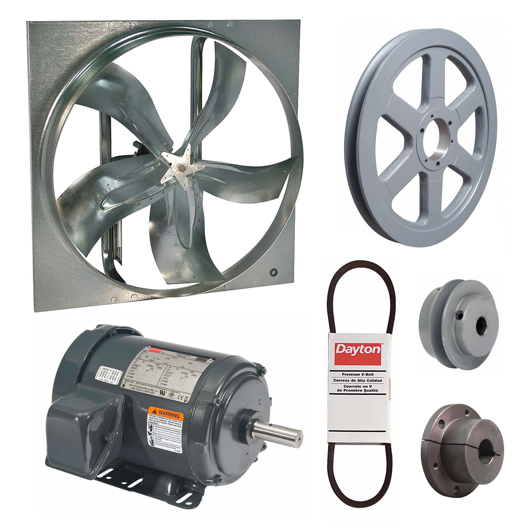 Exhaust Fan with Drive Package: Belt Drive, 54 in Blade, 1 1/2 hp, 30, 129 cfm, 208-230/460V AC, 3 ph